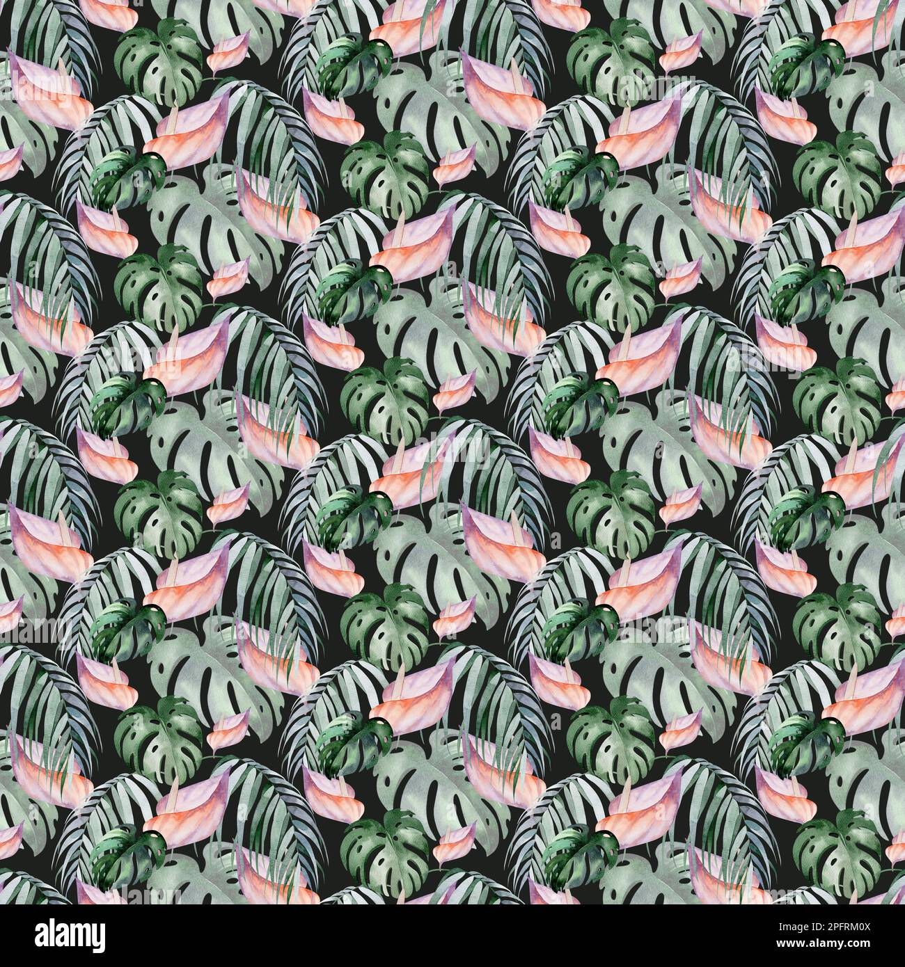 Nahtloses Aquarell-Muster. Blumiger Hintergrund tropische Blüten und Blätter mit Flamingo-Vögeln. Pflanzen und Blumen Australiens. Stockfoto