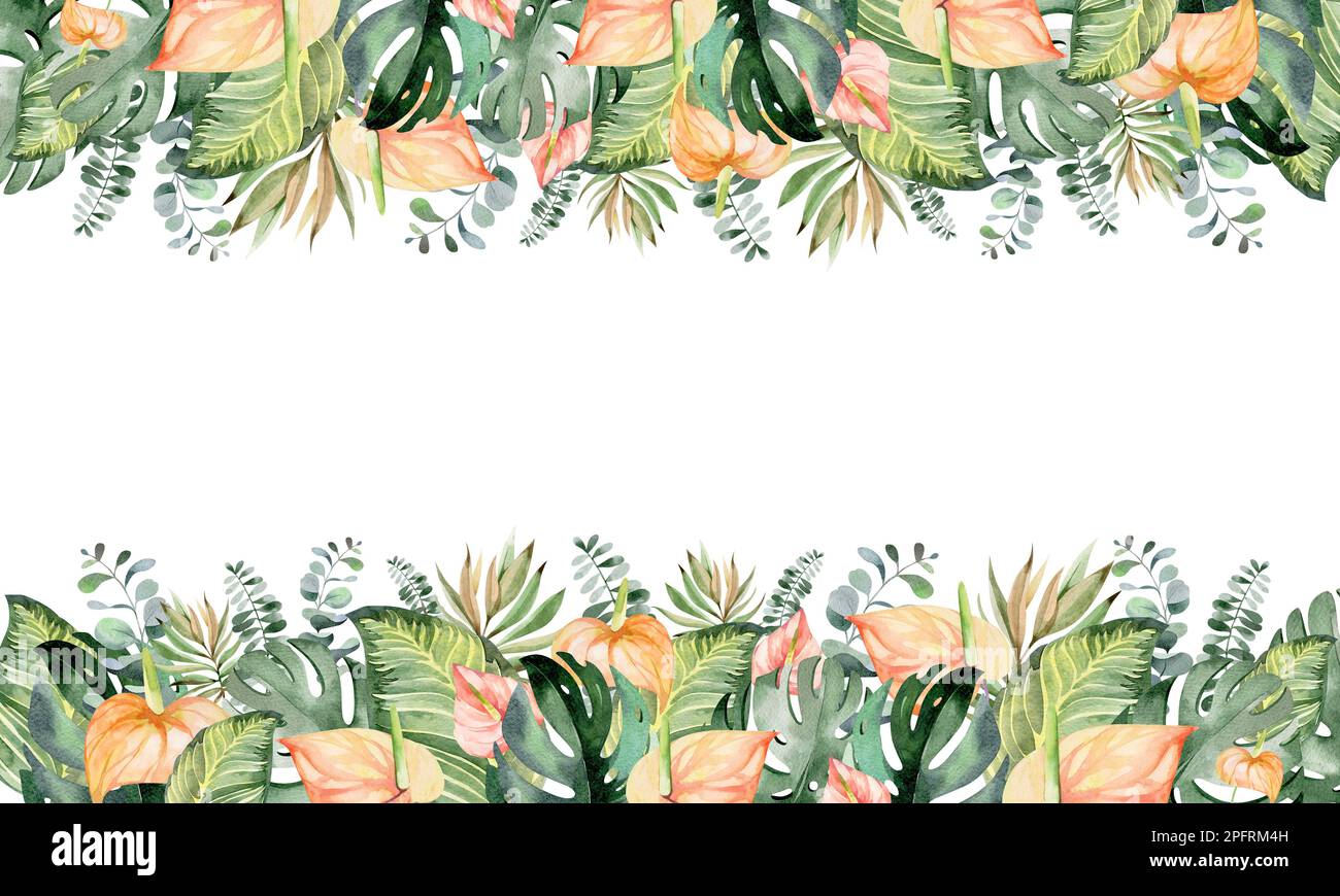 Rahmen in Aquarellfarben mit Blumenmuster. Rahmen aus tropischen Blumen. Werke Australiens und Afrikas. Für das Design von Weihnachtskarten, Geburtstag, Hochzeit Stockfoto