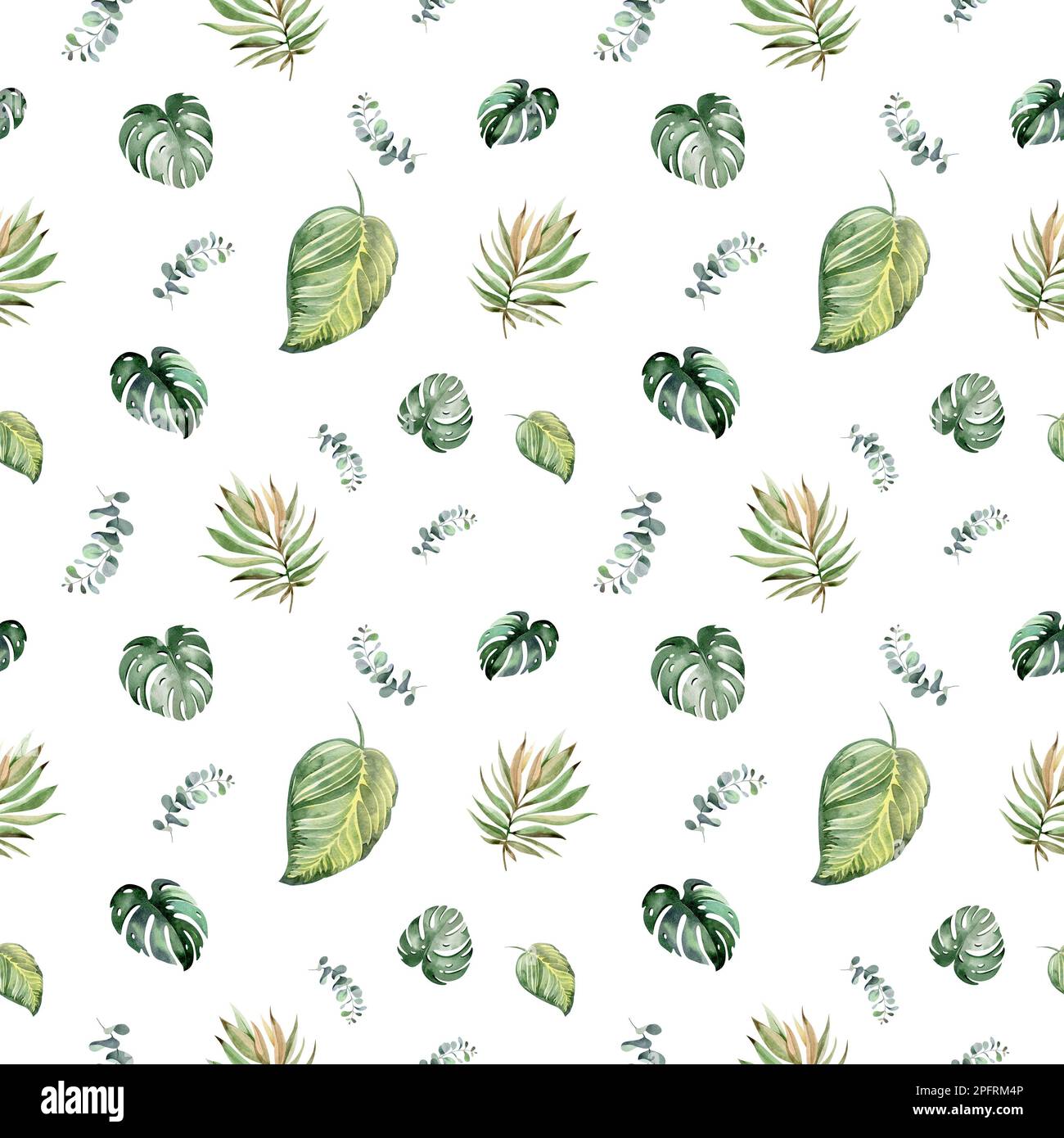 Nahtloses Aquarell-Muster. Blumiger Hintergrund tropische Blüten und Blätter mit Flamingo-Vögeln. Pflanzen und Blumen Australiens. Stockfoto