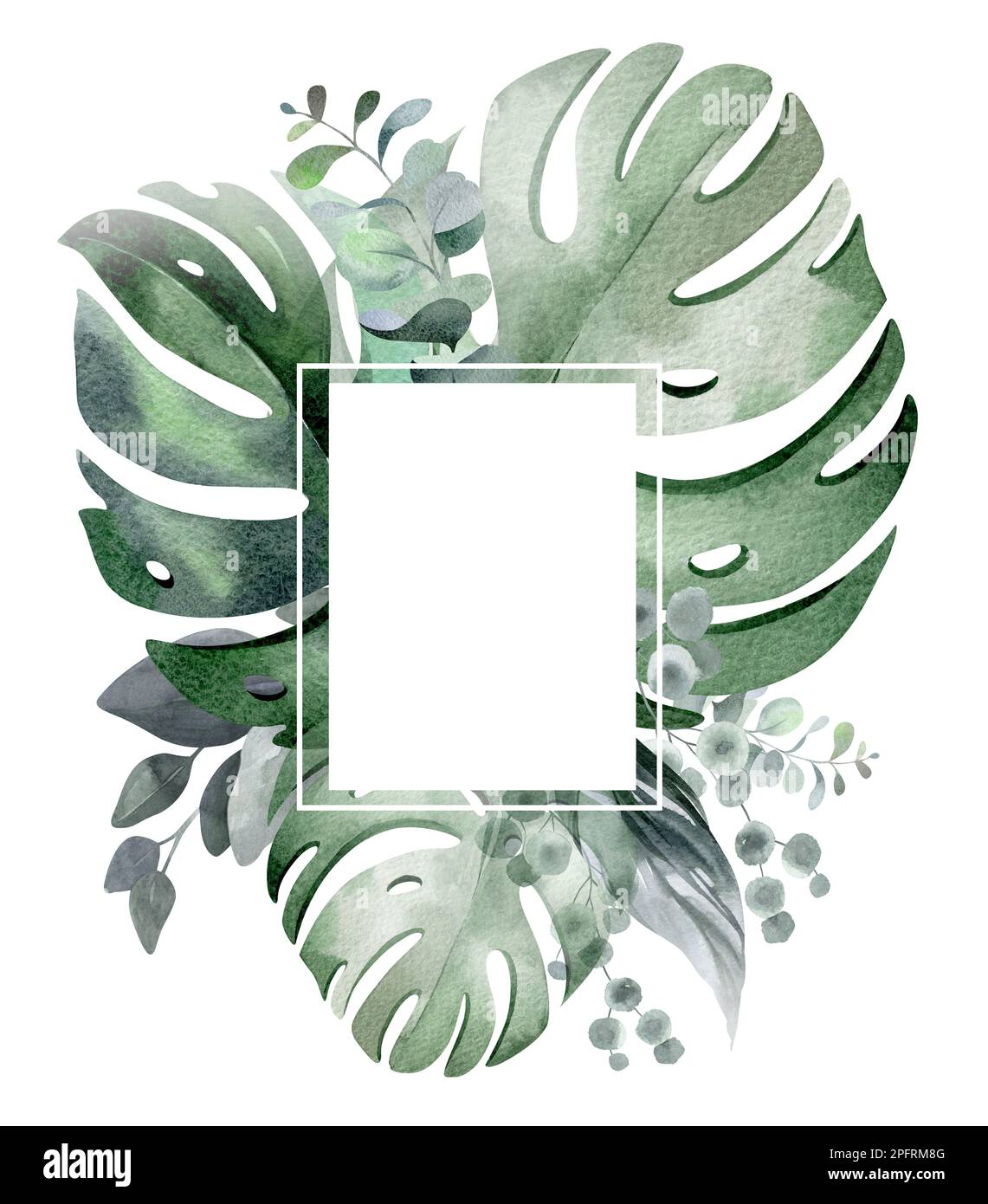 Rahmen in Aquarellfarben mit Blumenmuster. Rahmen aus tropischen Blumen. Werke Australiens und Afrikas. Für das Design von Weihnachtskarten, Geburtstag, Hochzeit Stockfoto