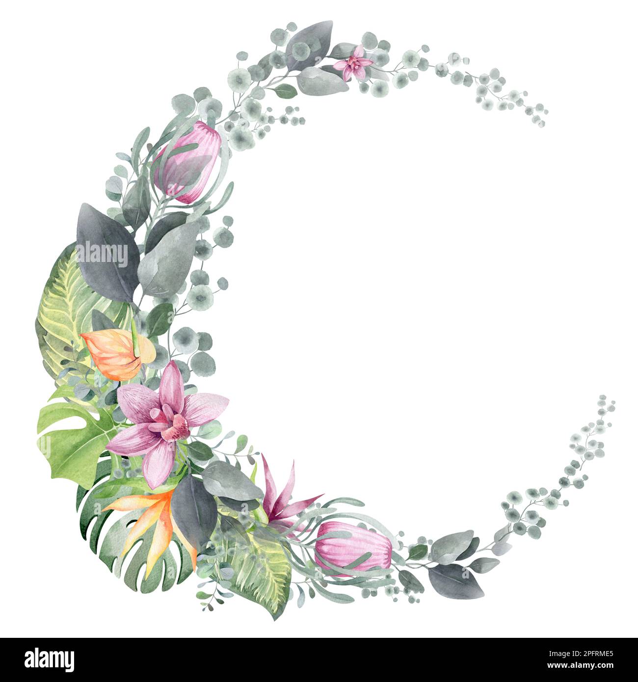 Rahmen in Aquarellfarben mit Blumenmuster. Rahmen aus tropischen Blumen. Werke Australiens und Afrikas. Für das Design von Weihnachtskarten, Geburtstag, Hochzeit Stockfoto