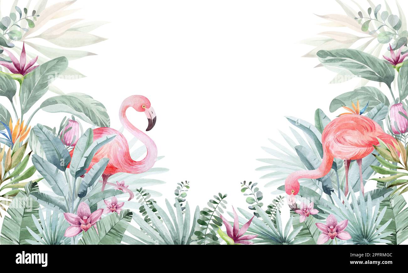 Rahmen in Aquarellfarben mit Blumenmuster. Rahmen aus tropischen Blumen. Werke Australiens und Afrikas. Für das Design von Weihnachtskarten, Geburtstag, Hochzeit Stockfoto