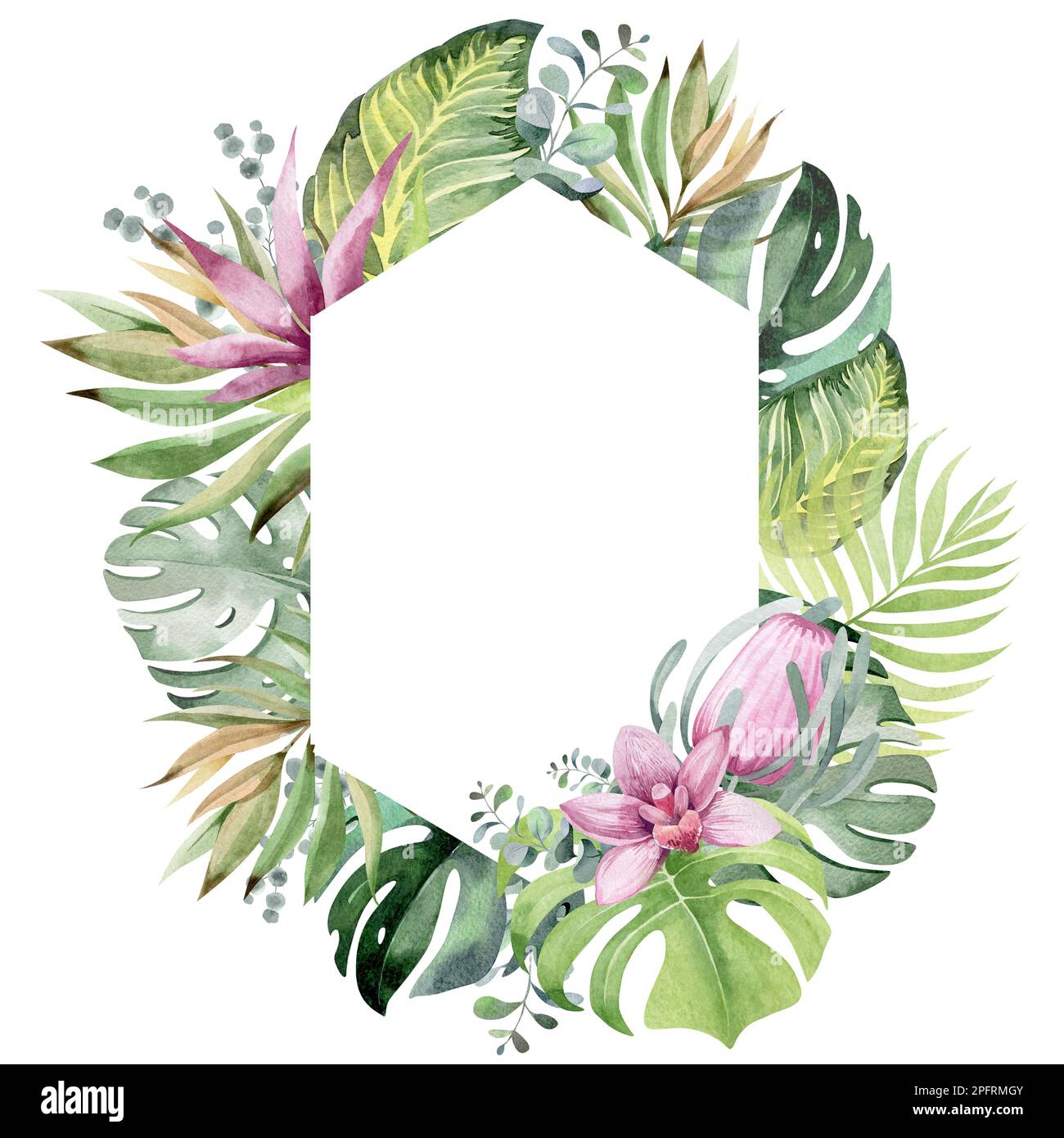 Rahmen in Aquarellfarben mit Blumenmuster. Rahmen aus tropischen Blumen. Werke Australiens und Afrikas. Für das Design von Weihnachtskarten, Geburtstag, Hochzeit Stockfoto