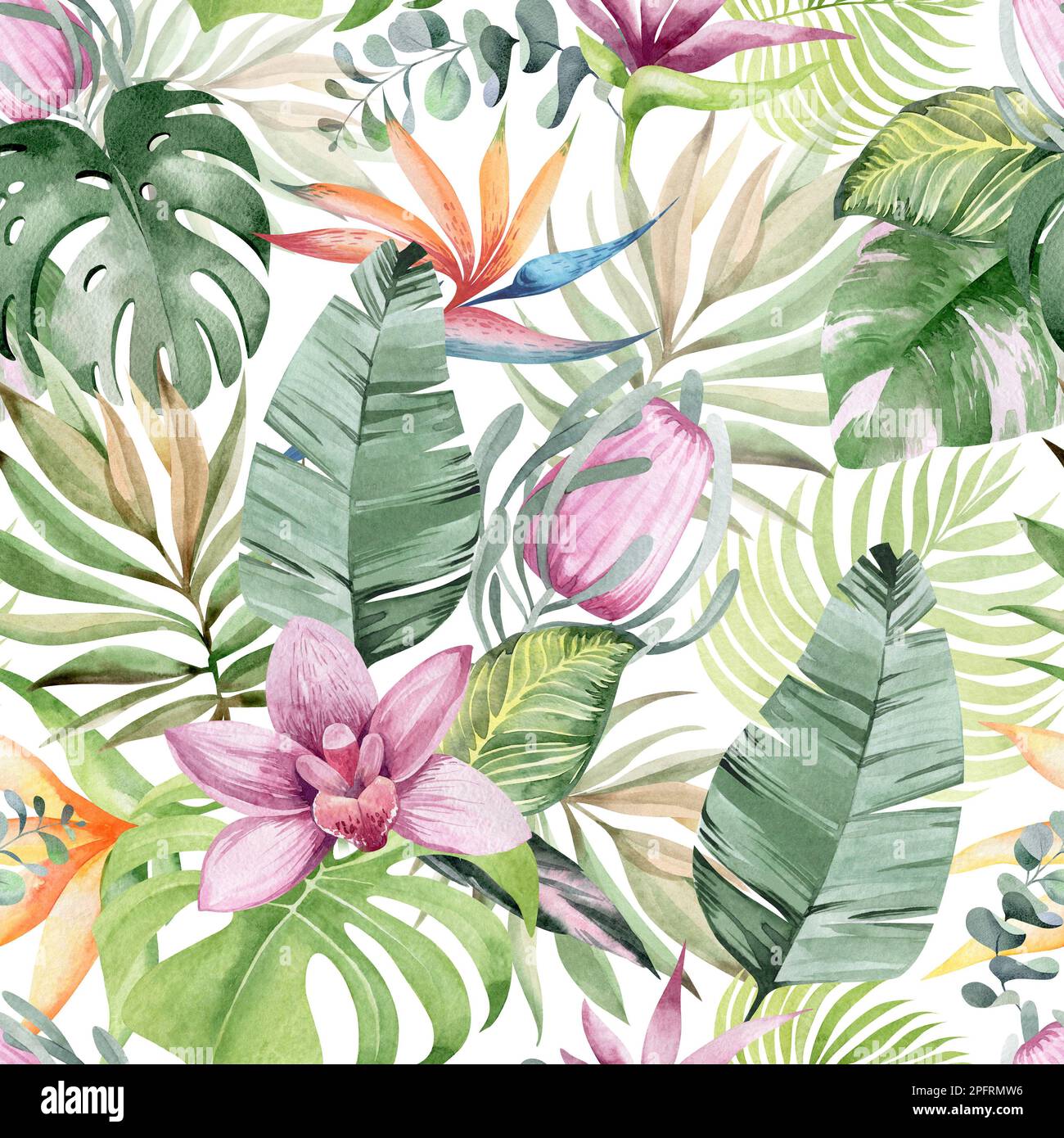 Nahtloses Aquarell-Muster. Blumiger Hintergrund tropische Blüten und Blätter mit Flamingo-Vögeln. Pflanzen und Blumen Australiens. Rosa Flammen Stockfoto