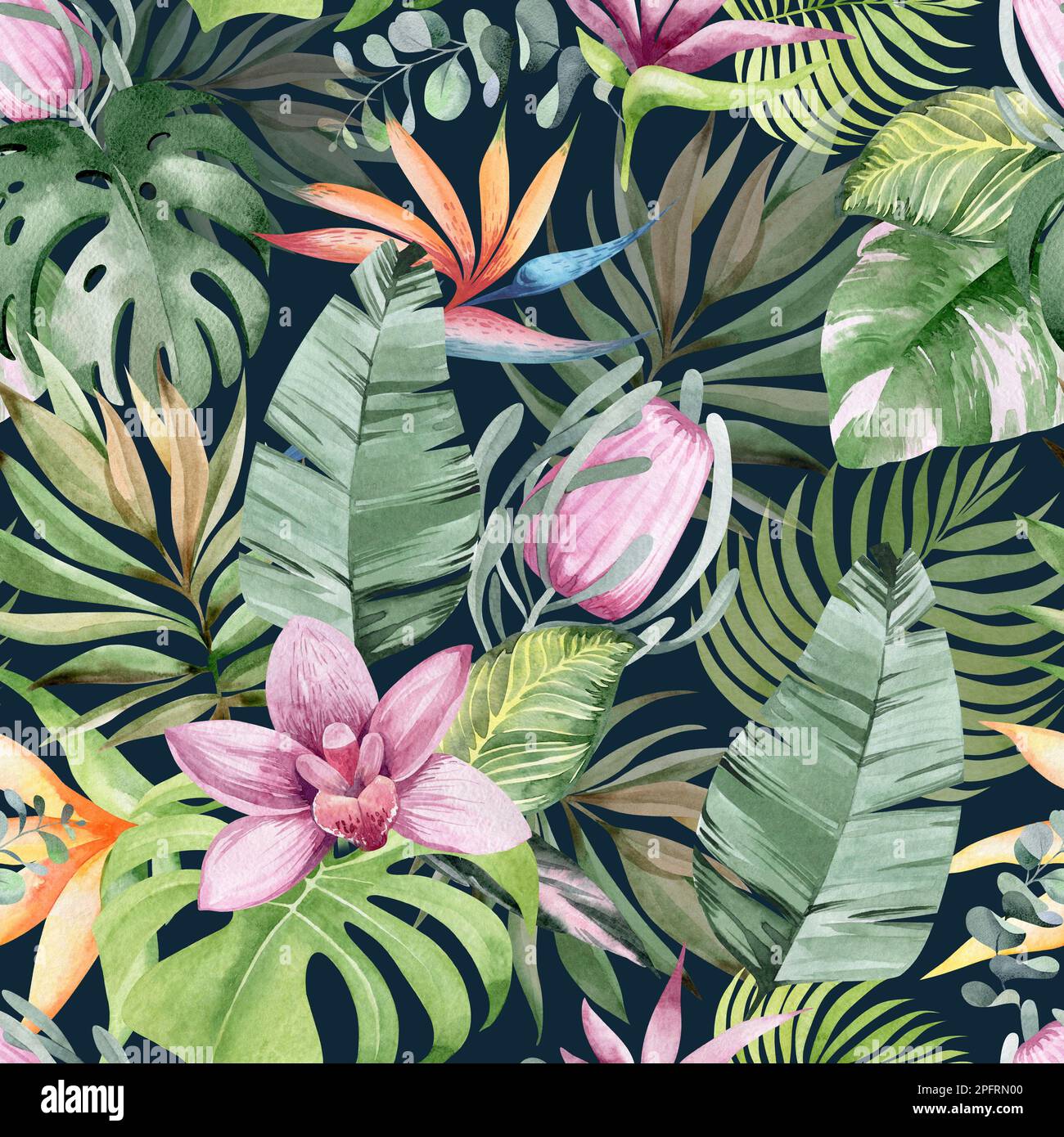 Nahtloses Aquarell-Muster. Blumiger Hintergrund tropische Blüten und Blätter mit Flamingo-Vögeln. Pflanzen und Blumen Australiens. Rosa Flammen Stockfoto