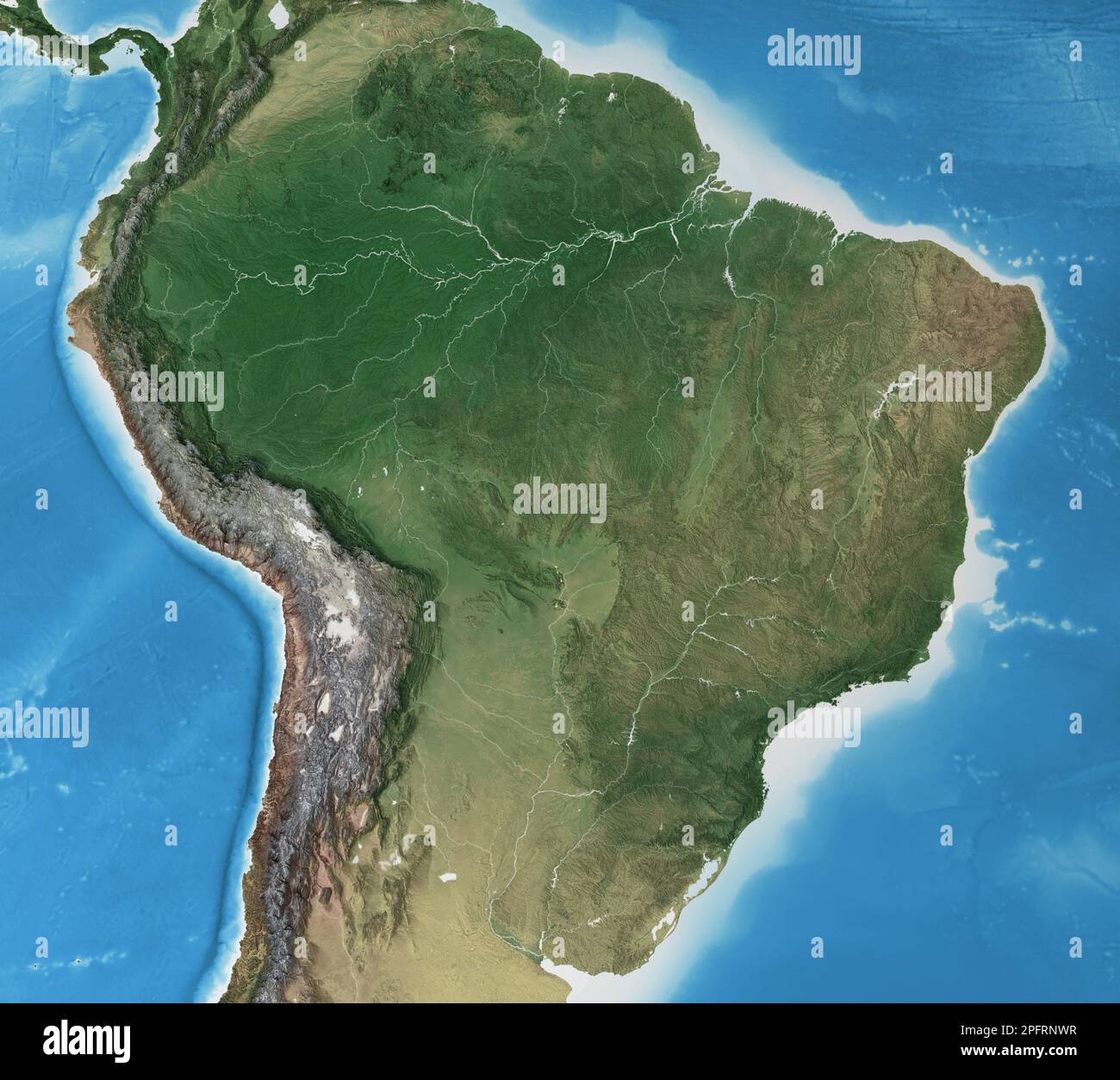 Physische Karte von Brasilien. Geographie und Topographie des Amazonas-Regenwaldes. Detaillierte flache Ansicht des Planeten Erde - Elemente der NASA Stockfoto