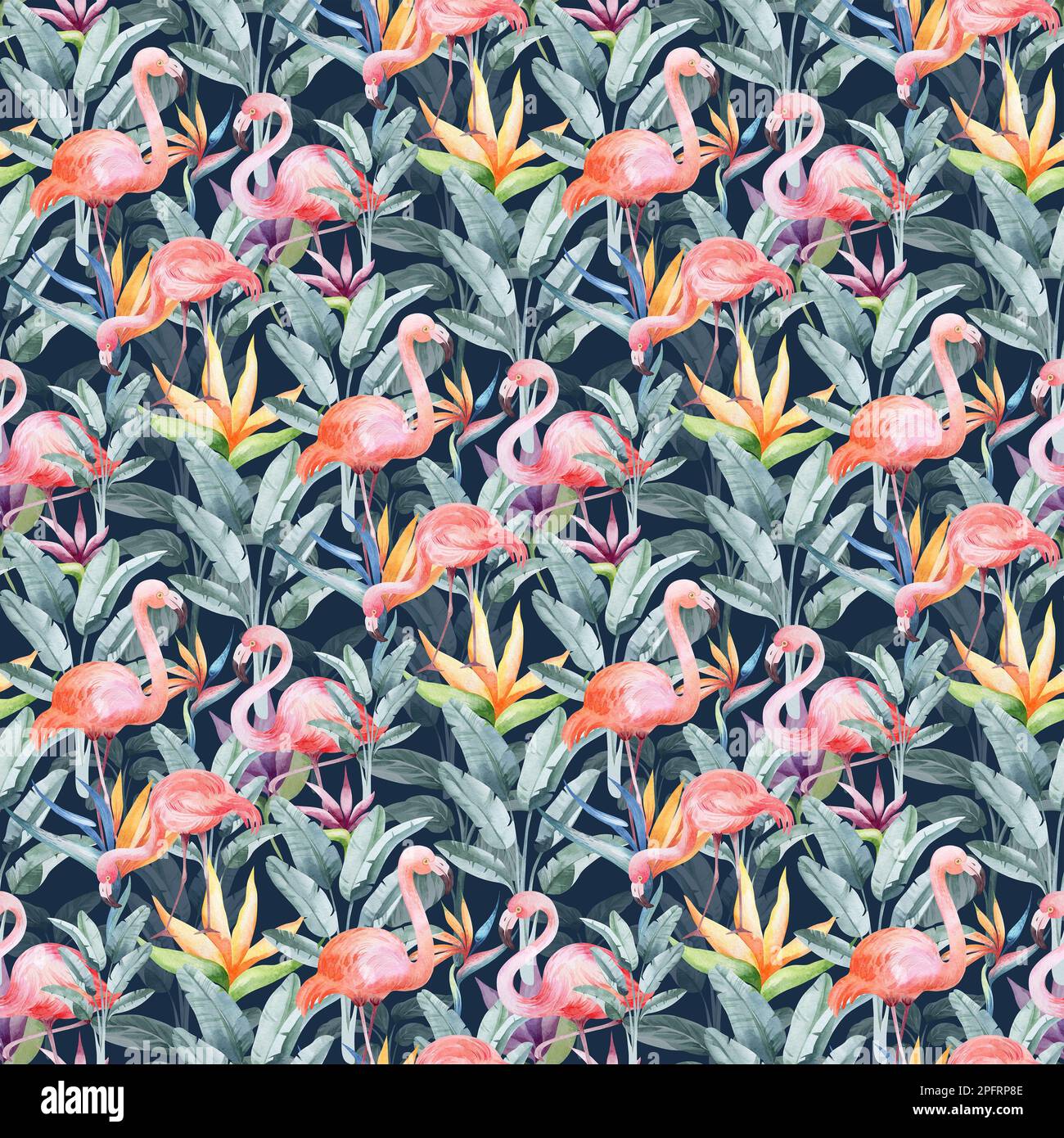 Nahtloses Aquarell-Muster. Blumiger Hintergrund tropische Blüten und Blätter mit Flamingo-Vögeln. Pflanzen und Blumen Australiens. Rosa Flammen Stockfoto
