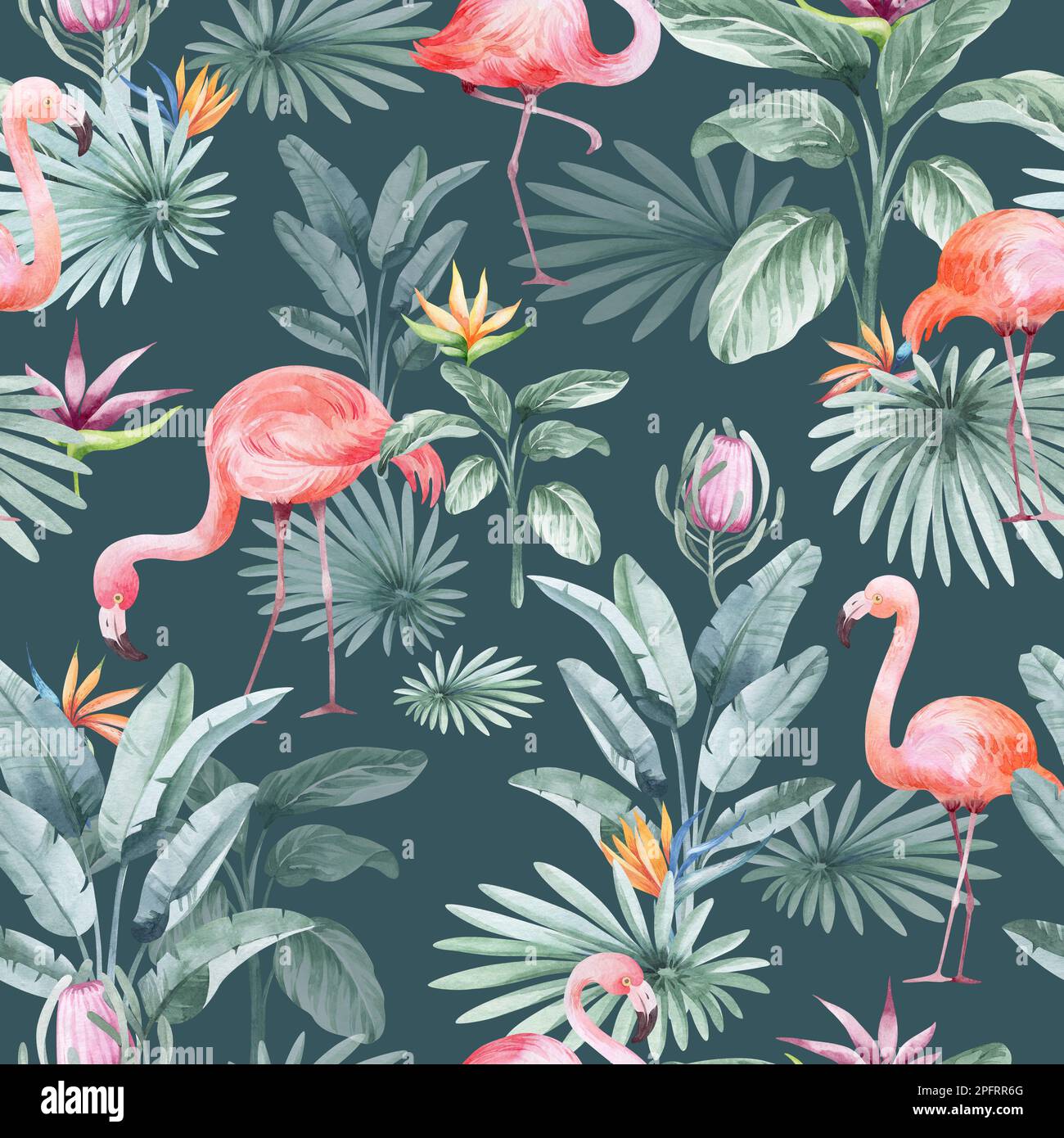 Nahtloses Aquarell-Muster. Blumiger Hintergrund tropische Blüten und Blätter mit Flamingo-Vögeln. Pflanzen und Blumen Australiens. Rosa Flammen Stockfoto