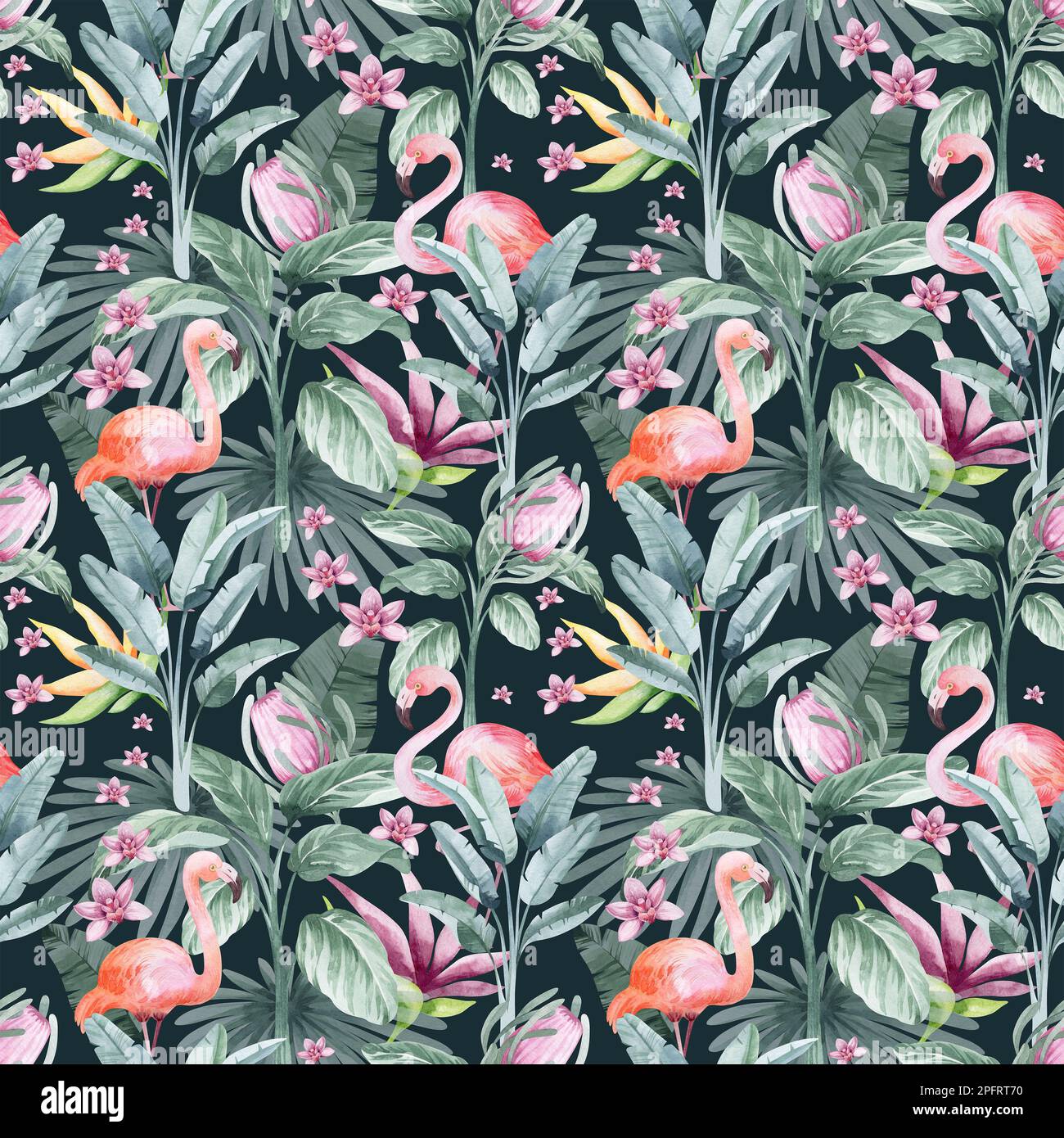 Nahtloses Aquarell-Muster. Blumiger Hintergrund tropische Blüten und Blätter mit Flamingo-Vögeln. Pflanzen und Blumen Australiens. Rosa Flammen Stockfoto