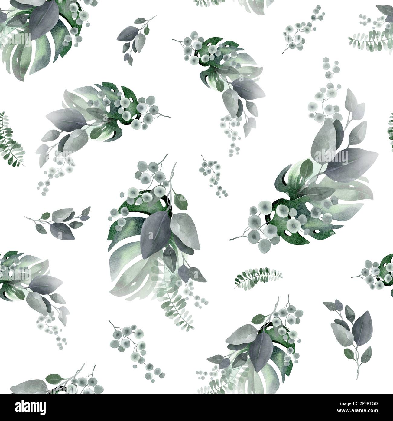 Nahtloses Aquarell-Muster. Blumiger Hintergrund tropische Blüten und Blätter mit Flamingo-Vögeln. Pflanzen und Blumen Australiens. Rosa Flammen Stockfoto