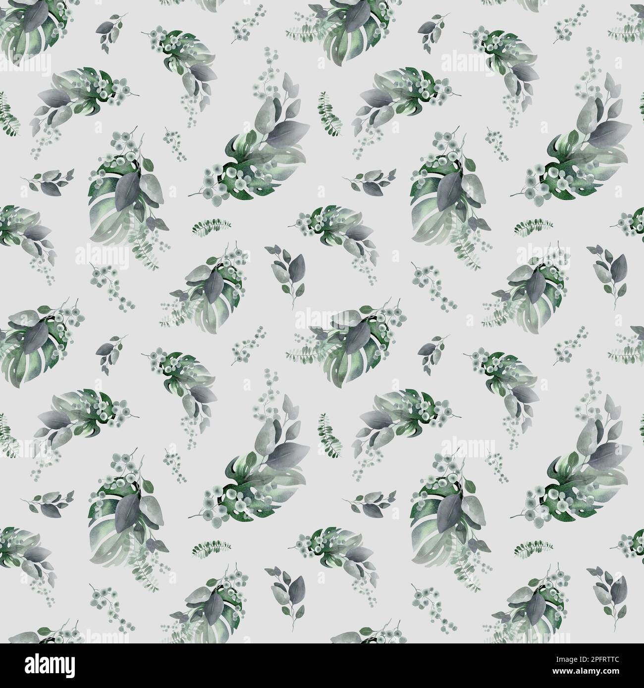 Nahtloses Aquarell-Muster. Blumiger Hintergrund tropische Blüten und Blätter mit Flamingo-Vögeln. Pflanzen und Blumen Australiens. Rosa Flammen Stockfoto