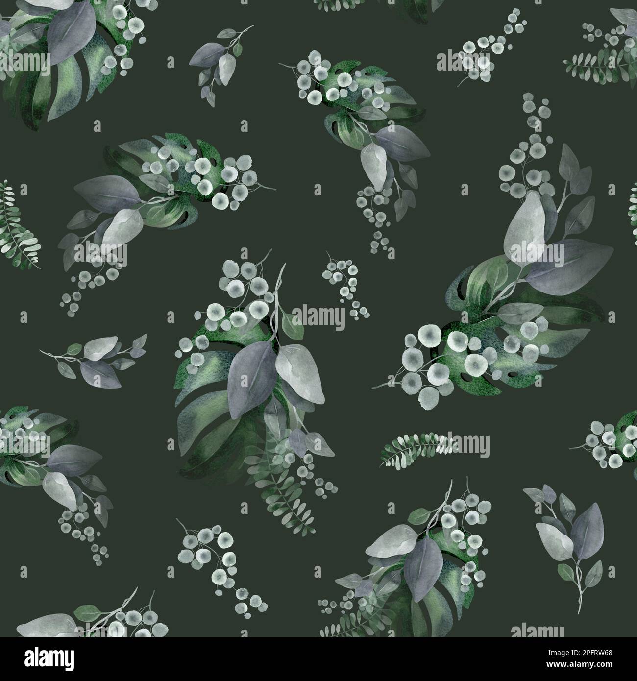 Nahtloses Aquarell-Muster. Blumiger Hintergrund tropische Blüten und Blätter mit Flamingo-Vögeln. Pflanzen und Blumen Australiens. Rosa Flammen Stockfoto