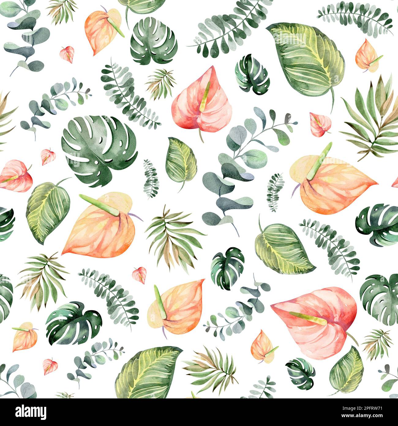 Nahtloses Aquarell-Muster. Blumiger Hintergrund tropische Blüten und Blätter mit Flamingo-Vögeln. Pflanzen und Blumen Australiens. Rosa Flammen Stockfoto
