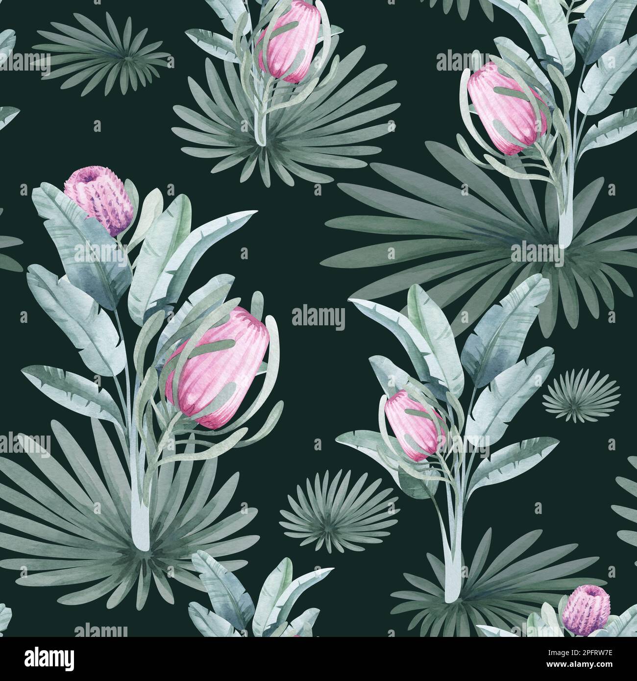 Nahtloses Aquarell-Muster. Blumiger Hintergrund tropische Blüten und Blätter mit Flamingo-Vögeln. Pflanzen und Blumen Australiens. Rosa Flammen Stockfoto