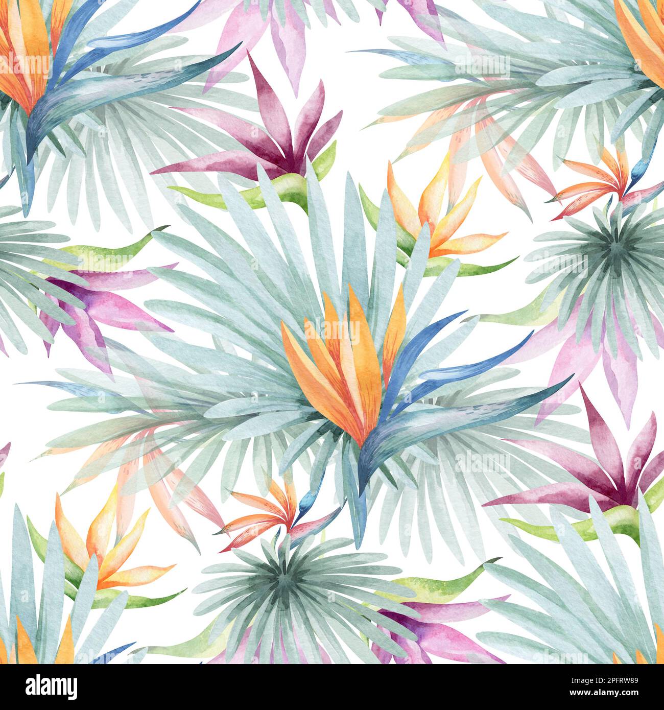 Nahtloses Aquarell-Muster. Blumiger Hintergrund tropische Blüten und Blätter mit Flamingo-Vögeln. Pflanzen und Blumen Australiens. Rosa Flammen Stockfoto