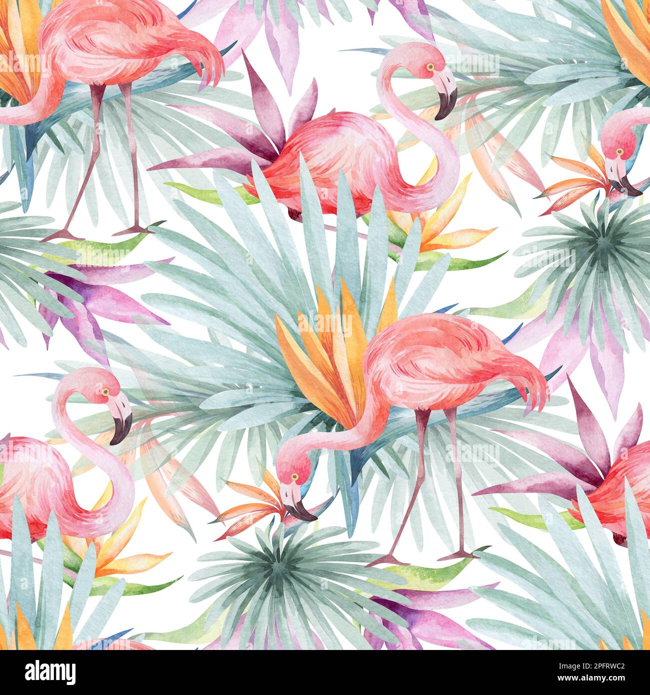 Nahtloses Aquarell-Muster. Blumiger Hintergrund tropische Blüten und Blätter mit Flamingo-Vögeln. Pflanzen und Blumen Australiens. Rosa Flammen Stockfoto