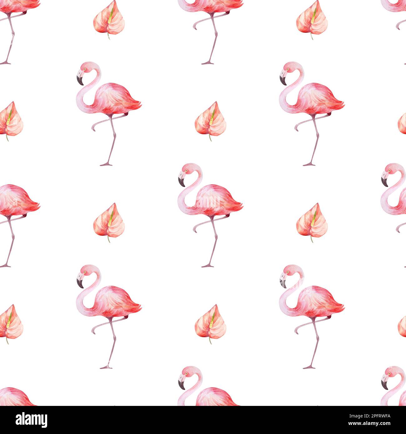 Nahtloses Aquarell-Muster. Blumiger Hintergrund tropische Blüten und Blätter mit Flamingo-Vögeln. Pflanzen und Blumen Australiens. Rosa Flammen Stockfoto