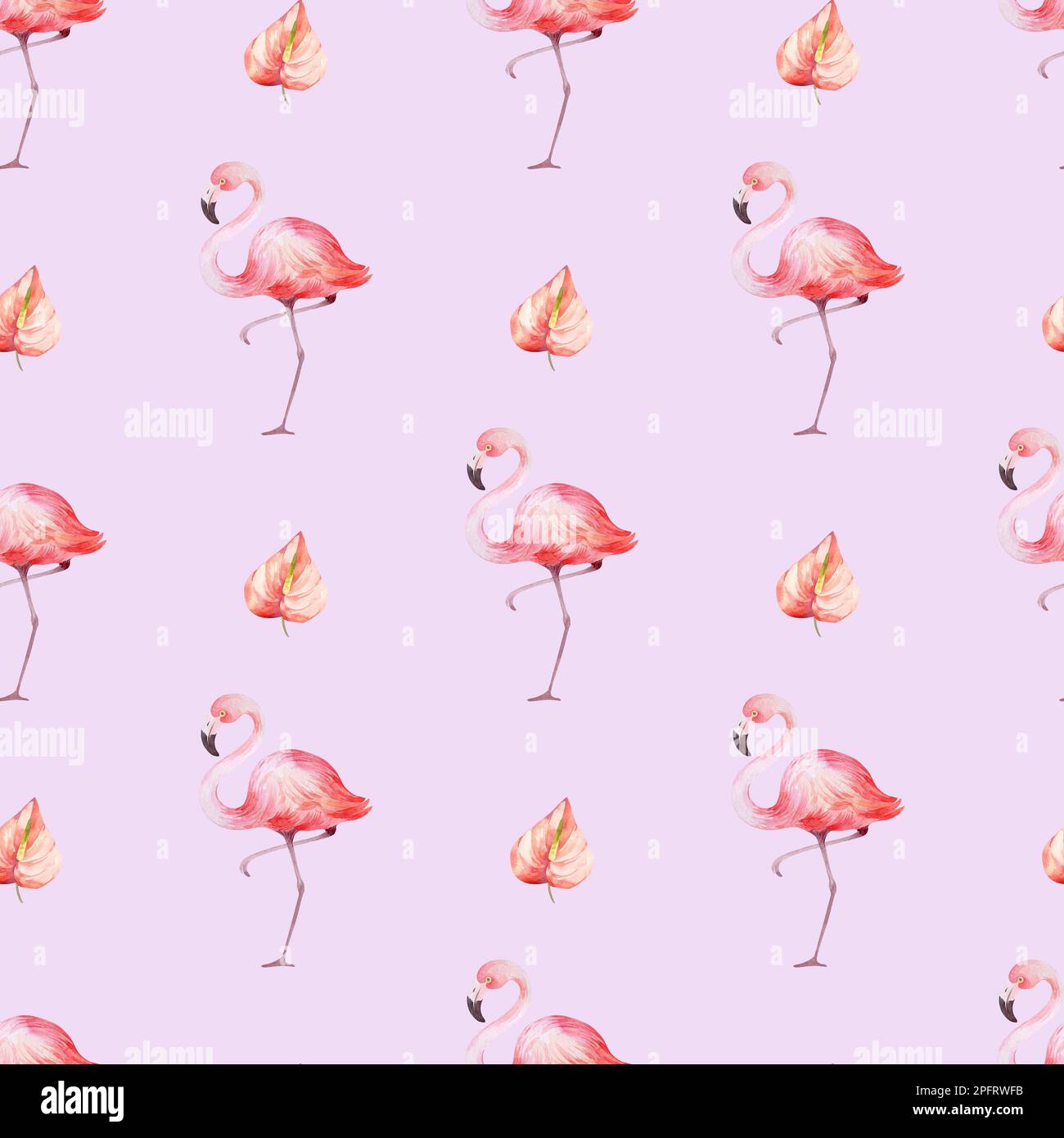 Nahtloses Aquarell-Muster. Blumiger Hintergrund tropische Blüten und Blätter mit Flamingo-Vögeln. Pflanzen und Blumen Australiens. Rosa Flammen Stockfoto