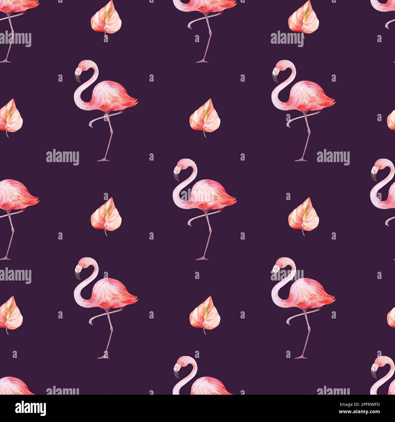 Nahtloses Aquarell-Muster. Blumiger Hintergrund tropische Blüten und Blätter mit Flamingo-Vögeln. Pflanzen und Blumen Australiens. Rosa Flammen Stockfoto