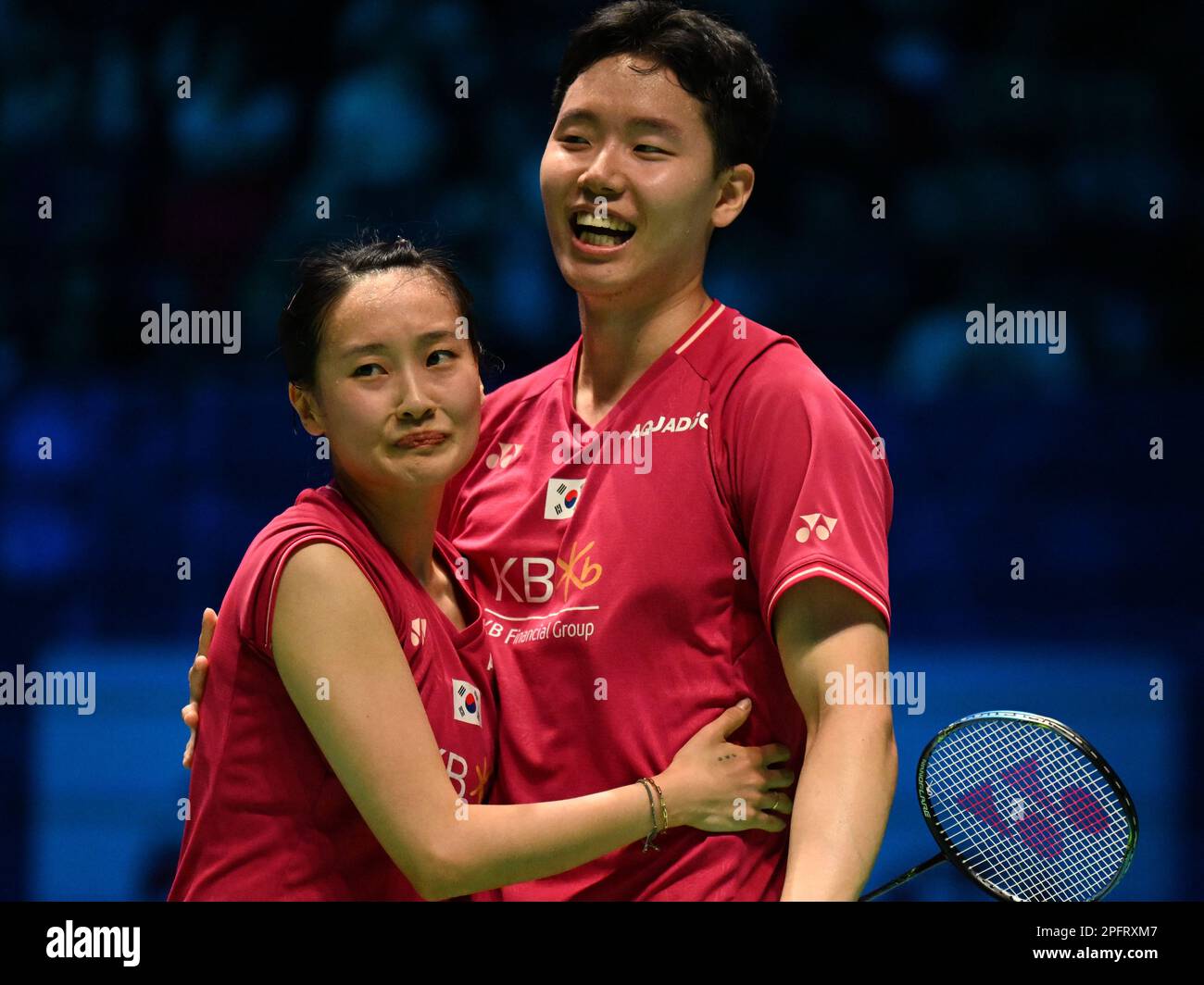 Utilita Arena, Birmingham, Großbritannien. 18. März 2023. 2023 YONEX All England Open Badminton Championships, Halbfinaltag 5; SEO Seung Jae und CHAE Yu Jung aus Korea gegen Kim gewann Ho und JEONG Na Eun aus Korea im Halbfinale der gemischten Doppel feiern SEO Seung Jae und CHAE Yu Jung ihren Sieg in zwei Spielen. Credit: Action Plus Sports/Alamy Live News Stockfoto