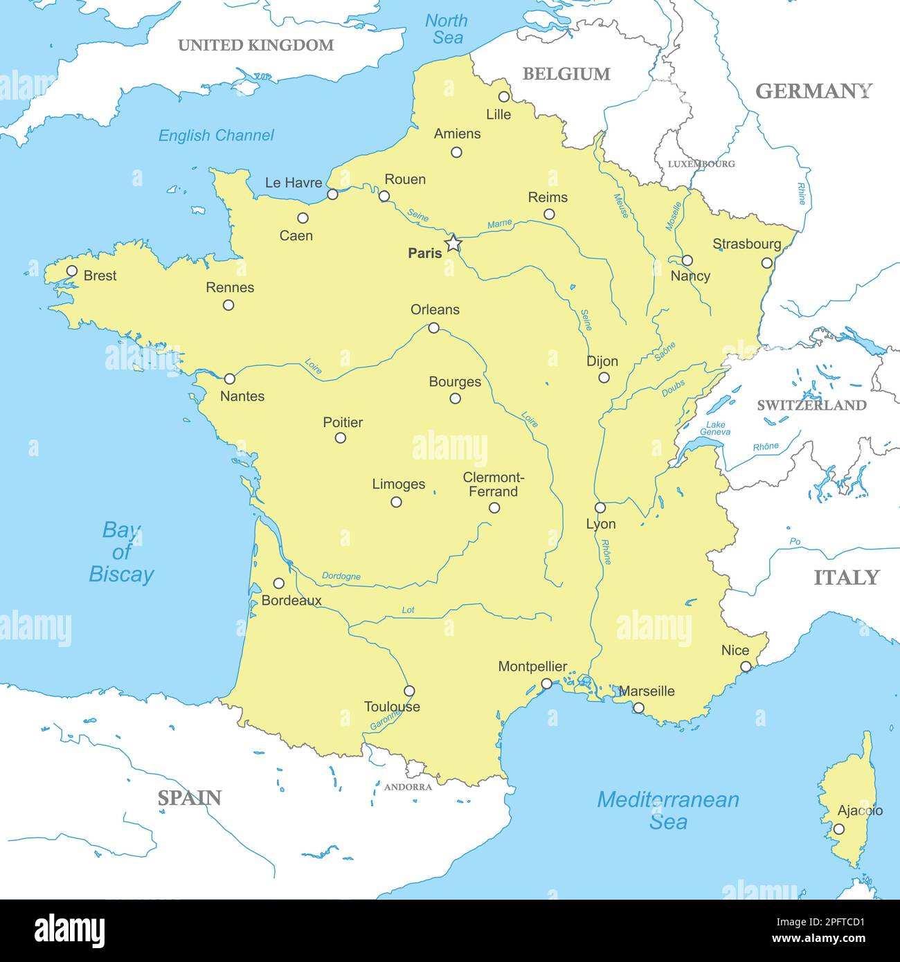 Politische Karte Frankreichs mit nationalen Grenzen, Städten und Flüssen Stock Vektor