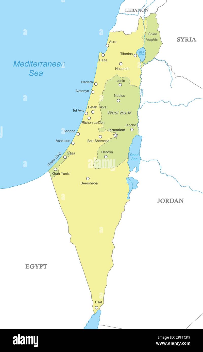 Politische Karte Israels mit nationalen Grenzen, Städten und Flüssen Stock Vektor