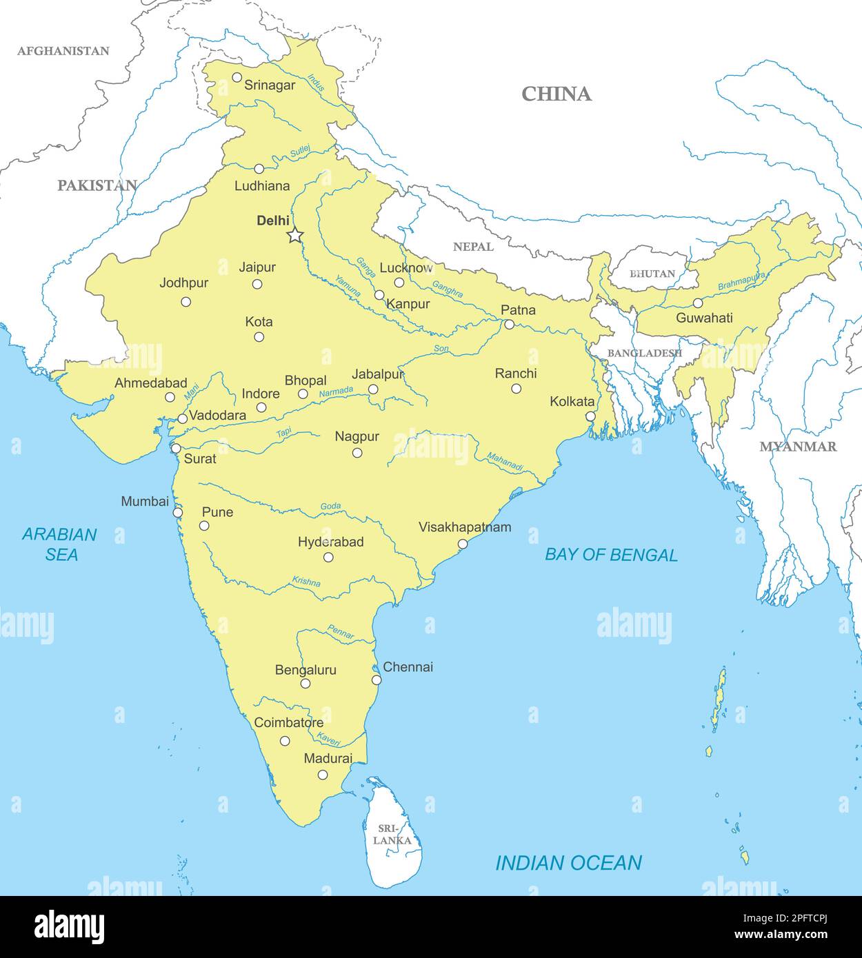 Politische Karte Indiens mit nationalen Grenzen, Städten und Flüssen Stock Vektor