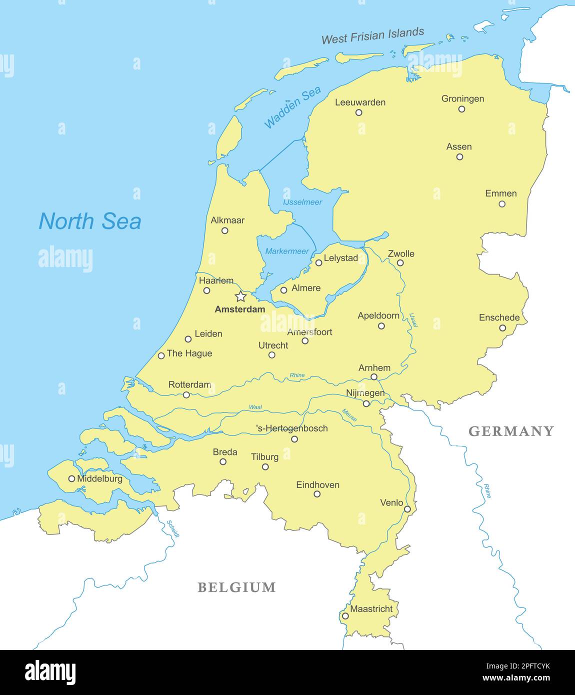 Politische Karte der Niederlande mit nationalen Grenzen, Städten und Flüssen Stock Vektor