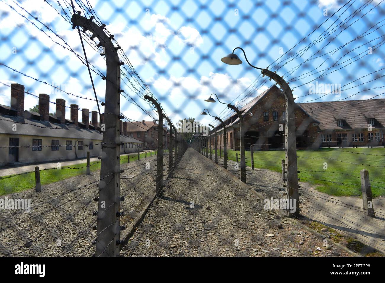 Stacheldraht, Lagergebäude, Stammlager I, Konzentrationslager, Auschwitz-Birkenau, Auschwitz, Polen Stockfoto