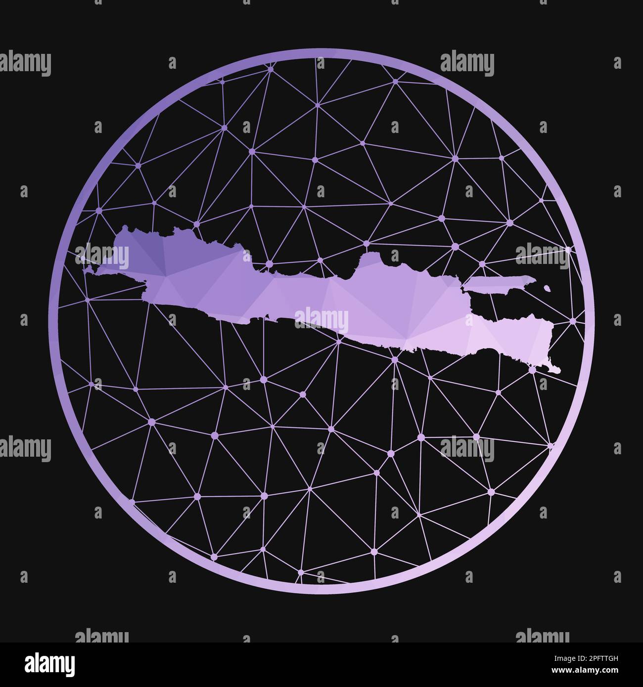 Java-Symbol. Polygonale Vektorkarte der Insel. Java-Symbol im geometrischen Stil. Die Inselkarte mit violettem, niedrigem Poly-Verlauf auf dunklem Hintergrund. Stock Vektor