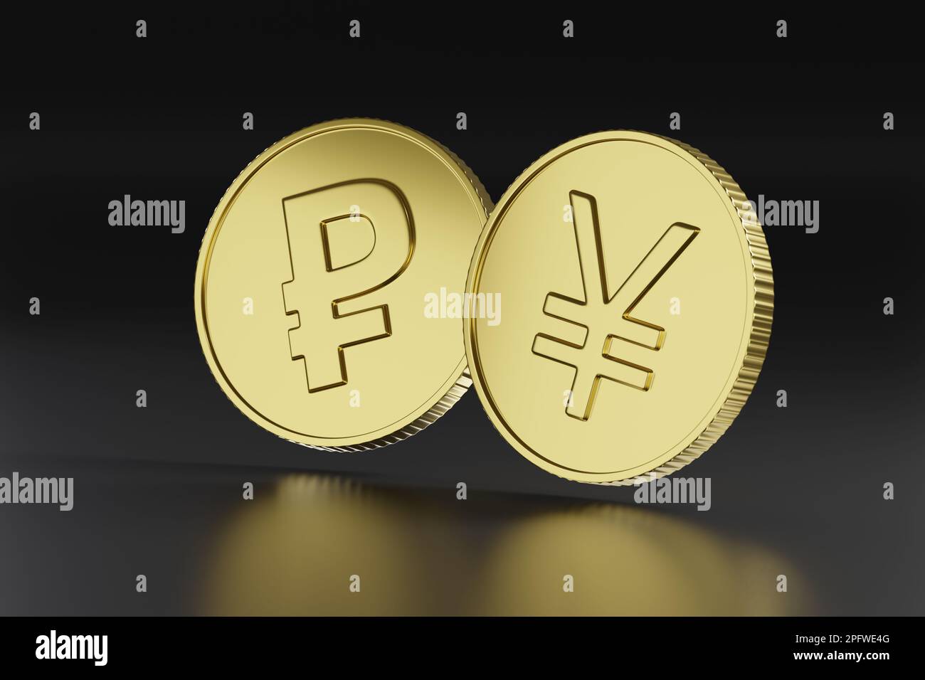 Goldene Münzen mit Rubel und Yuan-Schild auf dunklem Hintergrund. 3D Abbildung. Stockfoto