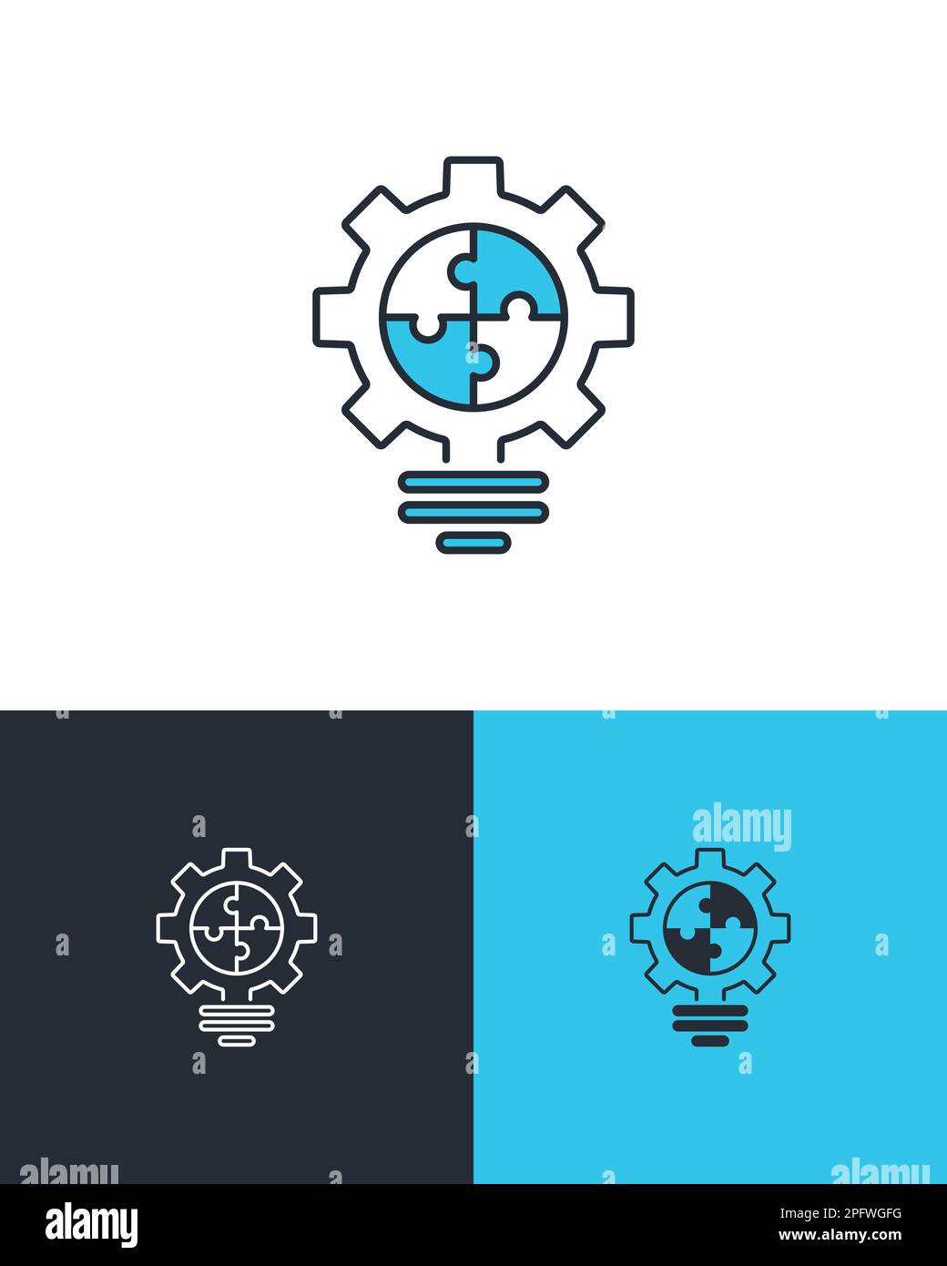 Symbol für isolierte Glühlampe mit Puzzle und Getriebe. Innovatives Konzeptdesign für strategische Ideen. Vektorsymbole auf 3 verschiedenen Hintergründen. Stock Vektor