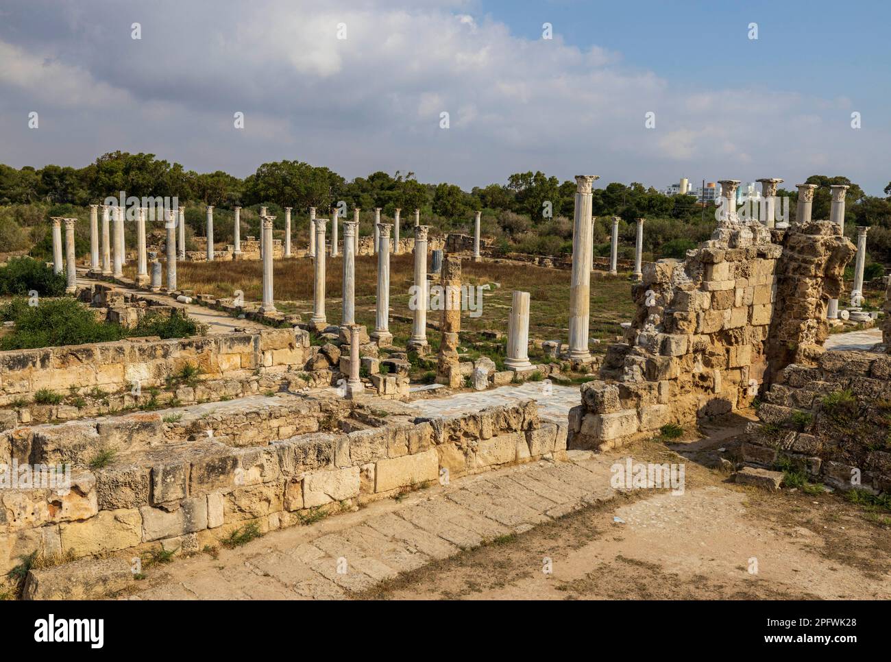 7. Juni 2022, Famagusta, Zypern: Säulen des Gymnasiums in Salamis mit mehreren römischen Bädern in der Nähe. Salamis war ein alter griechischer Stadtstaat an der Ostküste Zyperns, an der Mündung des Flusses Pedieos, nahe dem modernen Famagusta. Der Gründer von Salamis war Teucer, Sohn von Telamon, König der griechischen Insel Salamis, der nach dem Trojanischen Krieg nicht nach Hause zurückkehren konnte, weil er es versäumt hatte, seinen Bruder Ajax zu rächen. Archäologische Funde reichen bis ins 11. Jahrhundert v. Chr. zurück, späte Bronzezeit. Das „Kulturzentrum“ Salamis während der Römerzeit hat ein Gymnasium, Theater, Amphitheater, Stadion und Stockfoto