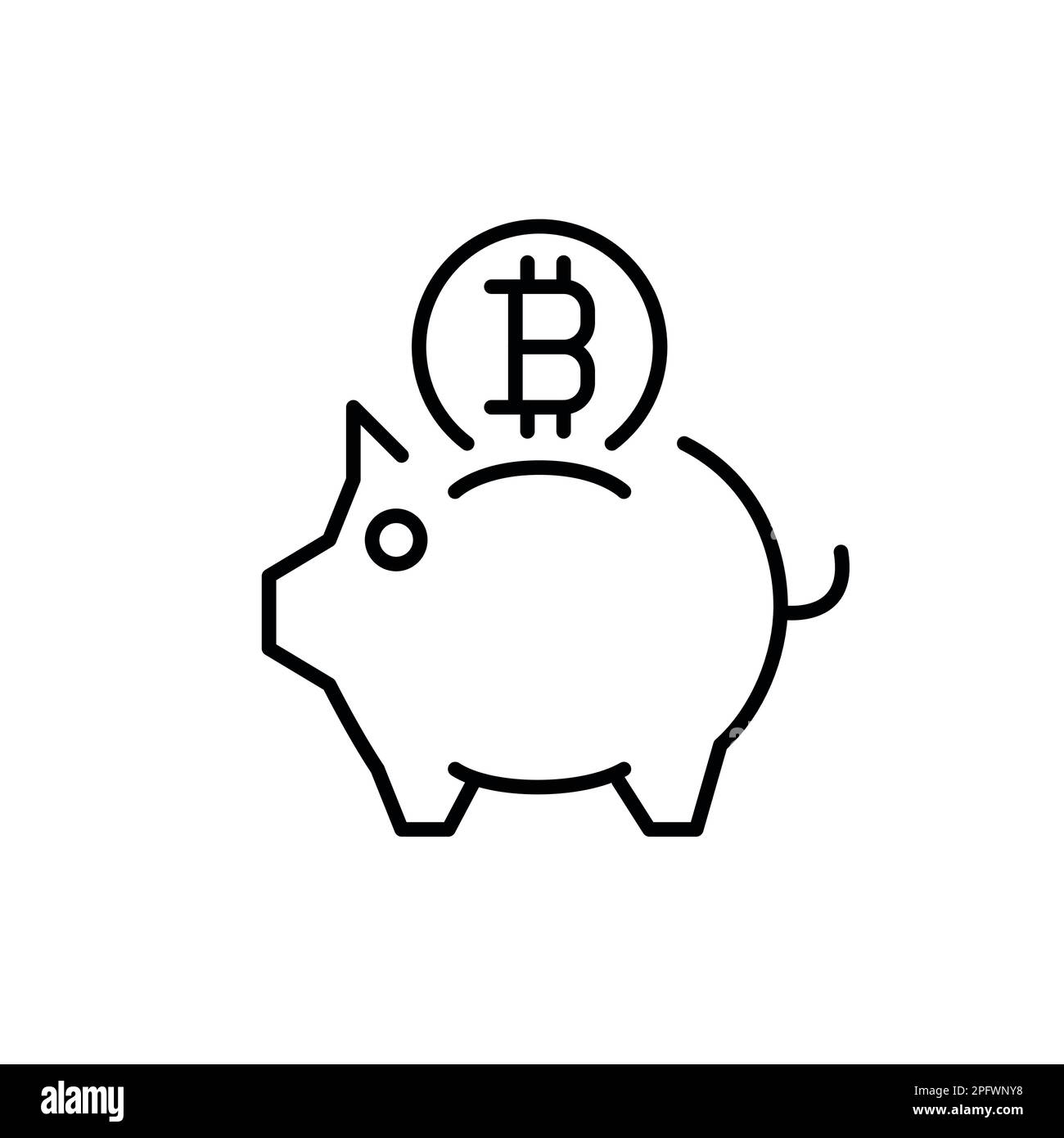 Einsparungen durch Kryptowährungen. Sparschwein und Bitcoin-Symbol. Pixelgenaue, bearbeitbare Kontur Stock Vektor