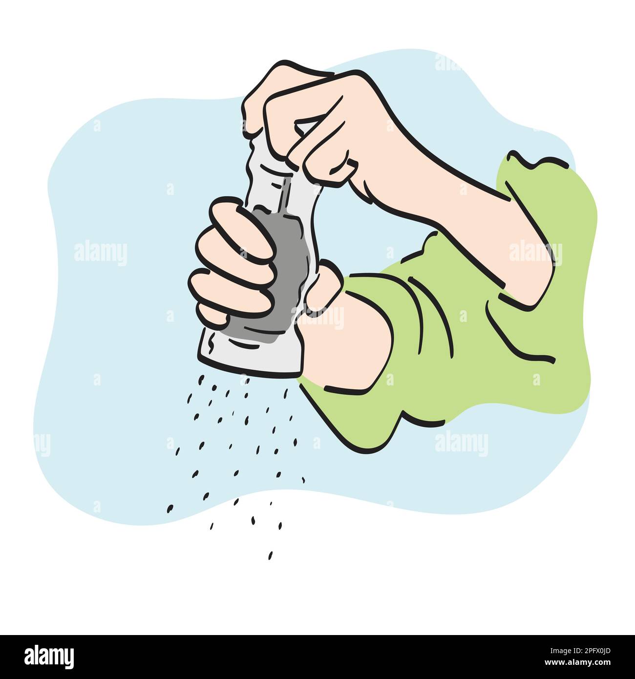 Nahaufnahme Hand mit peper Schleifer Illustration Vektor Hand gezeichnet isoliert auf weißem Hintergrund Liniendiagramm. Stock Vektor