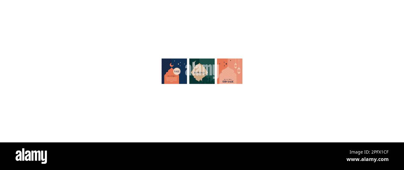 Ramadan Sale, Webheader- oder Bannerset mit minimalistischem Poster mit Mond, arabischen Laternen und Moschee-Kuppel Stock Vektor