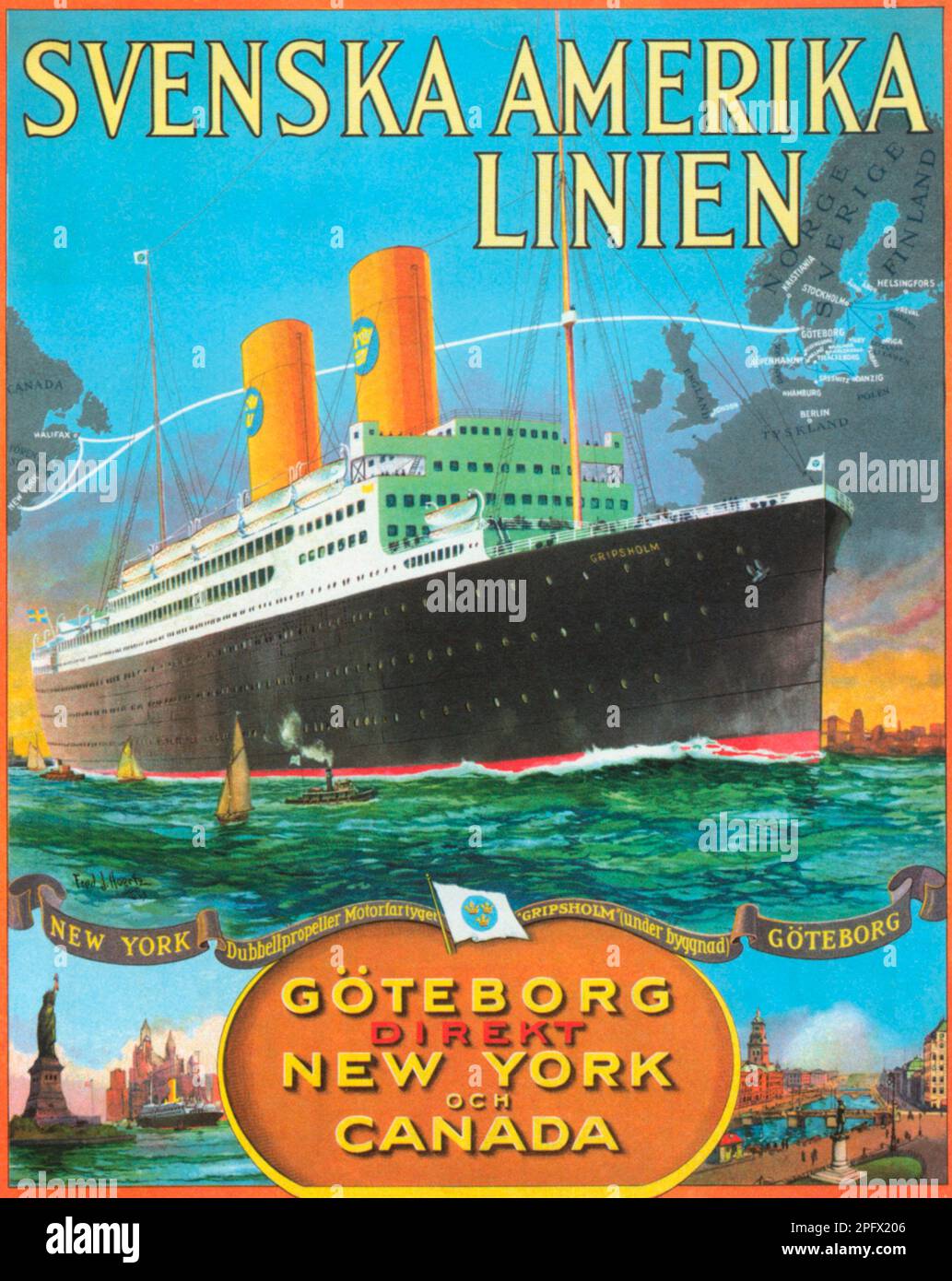 Das Schiff von Swedish Amerika Lines M/S Gripsholm. Das Schiff, das 1925 ausgeliefert wurde, war damals das modernste Schiff auf dem Atlantik. Gripsholms mit einer Länge von 168,5 Metern und einer Breite von 22,7 Metern war ein wahrhaft schwimmender Luxuspalast und die Berühmtheiten der Zeit, die hierher gereist sind. Das Werbeplakat mit seinen Kunstwerken und dem Design mit dem Schiff und der Karte im Hintergrund des Atlantischen Ozeans. Die Reise erfolgte zwischen Göteborg und New York und Halifax Kanada. Stockfoto