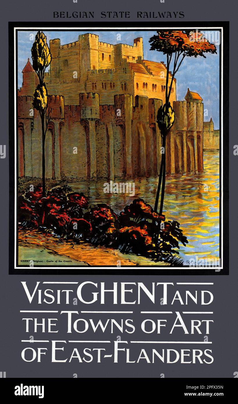 Besuchen Sie Gent und die Städte der Kunst Ostflanderns von René de Cramer (1876-1951). Poster veröffentlicht ca. 1920 in Belgien. Stockfoto