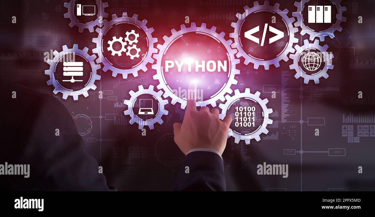 Python High Level Programmiersprache. Kommunikationstechnologie-Konzept. Stockfoto