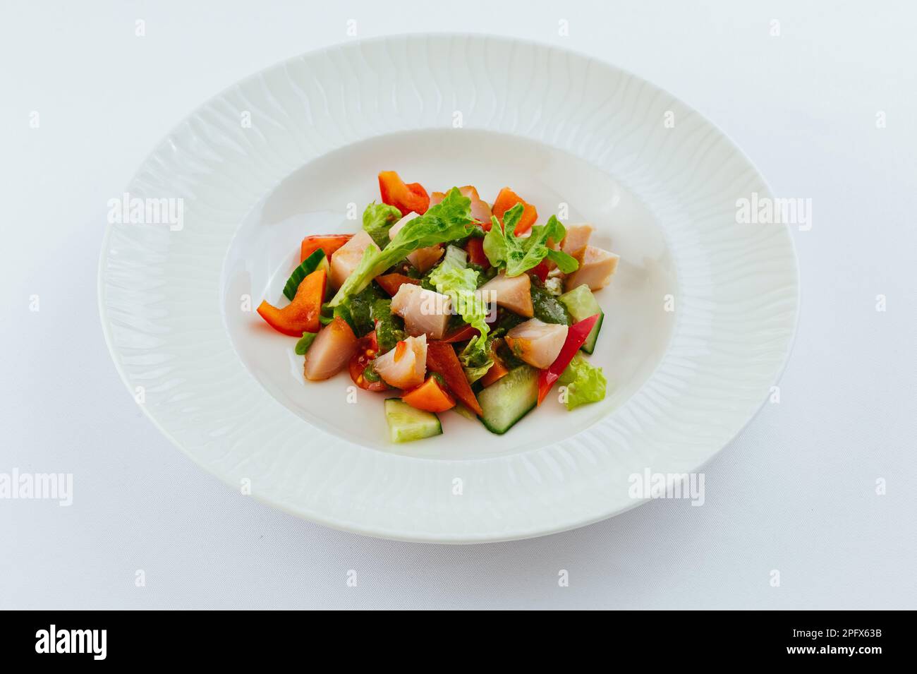 Restaurantessen auf weißem Hintergrund. Speisekarte des Restaurants. Fotos für das Menü Stockfoto