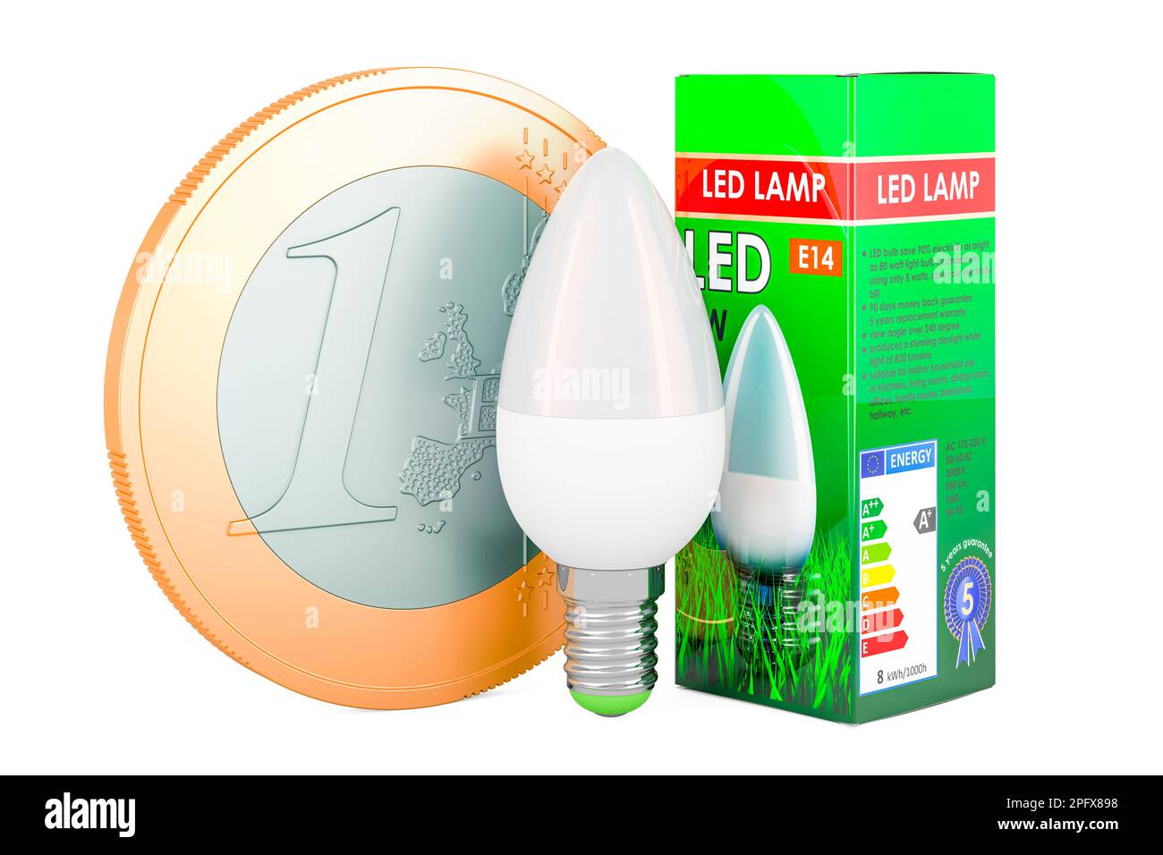 Energiesparende LED-Lampe mit Euro-Münze. Energiesparkonzept. 3D-Rendering  auf weißem Hintergrund isoliert Stockfotografie - Alamy