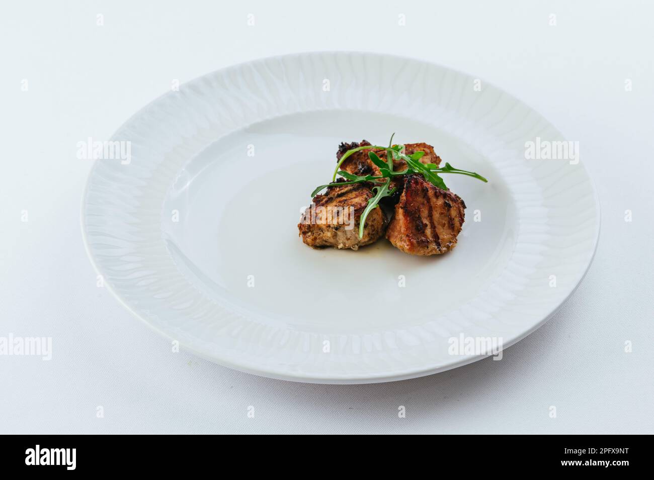 Restaurantessen auf weißem Hintergrund. Speisekarte des Restaurants. Fotos für das Menü Stockfoto