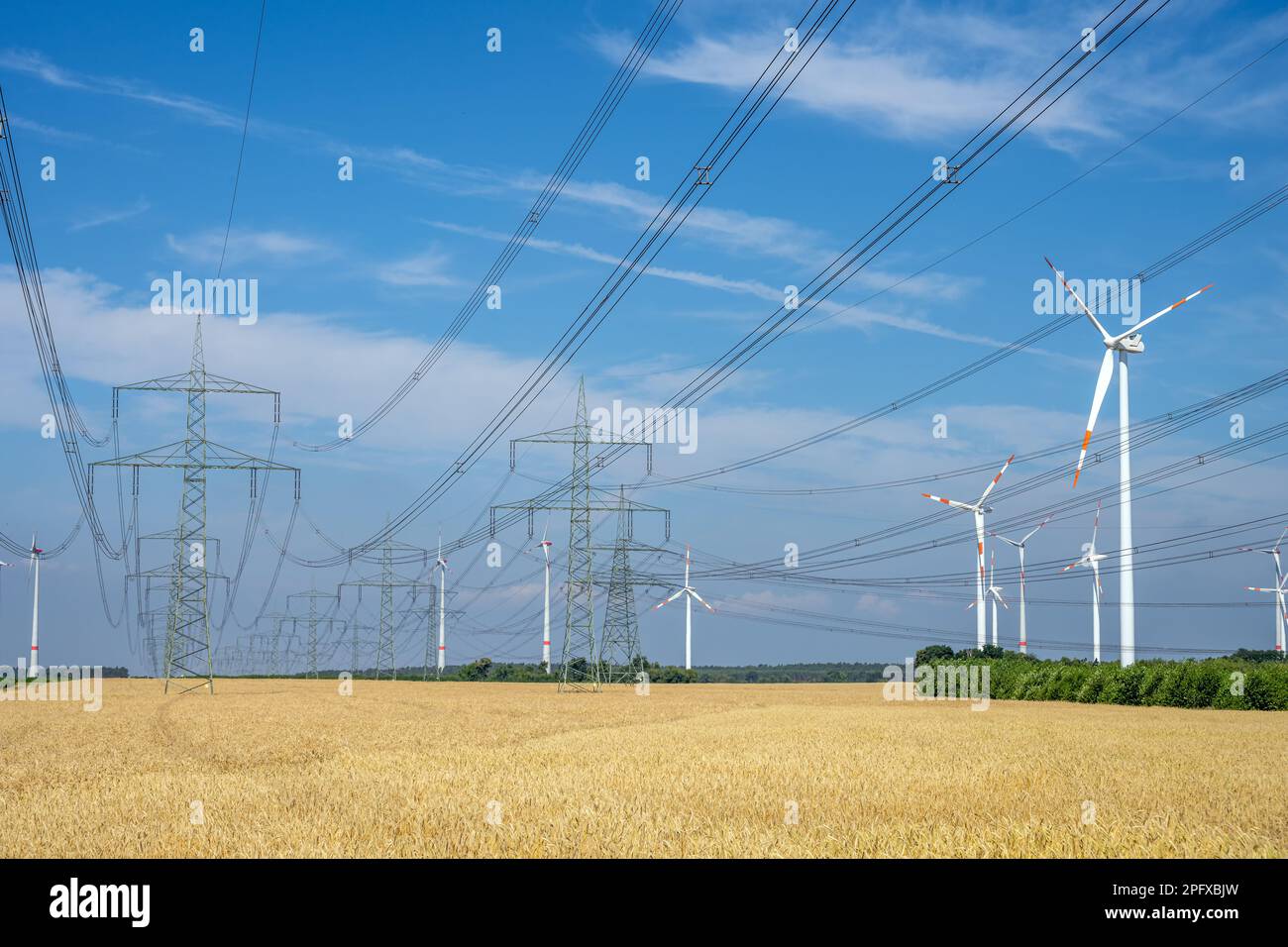 Pfeiler, Stromleitungen und Windturbinen in einem landwirtschaftlichen Gebiet in Deutschland Stockfoto