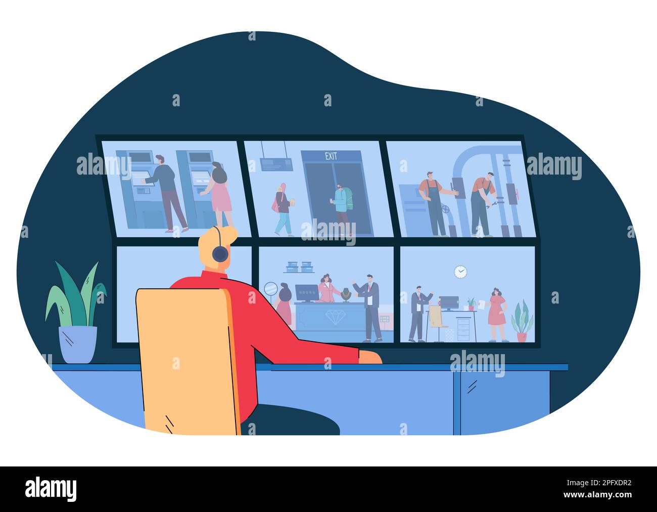 Wachmann schaut auf den Monitor der Überwachungskamera Stock Vektor