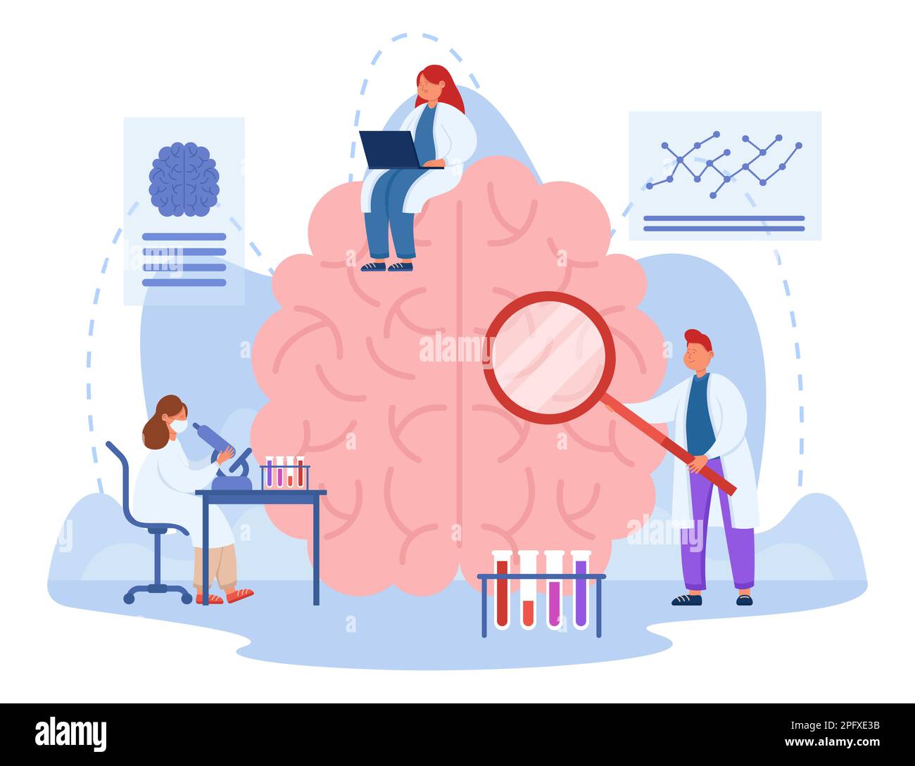 Winzige Ärzte untersuchen das menschliche Gehirn mit einer Lupe Stock Vektor