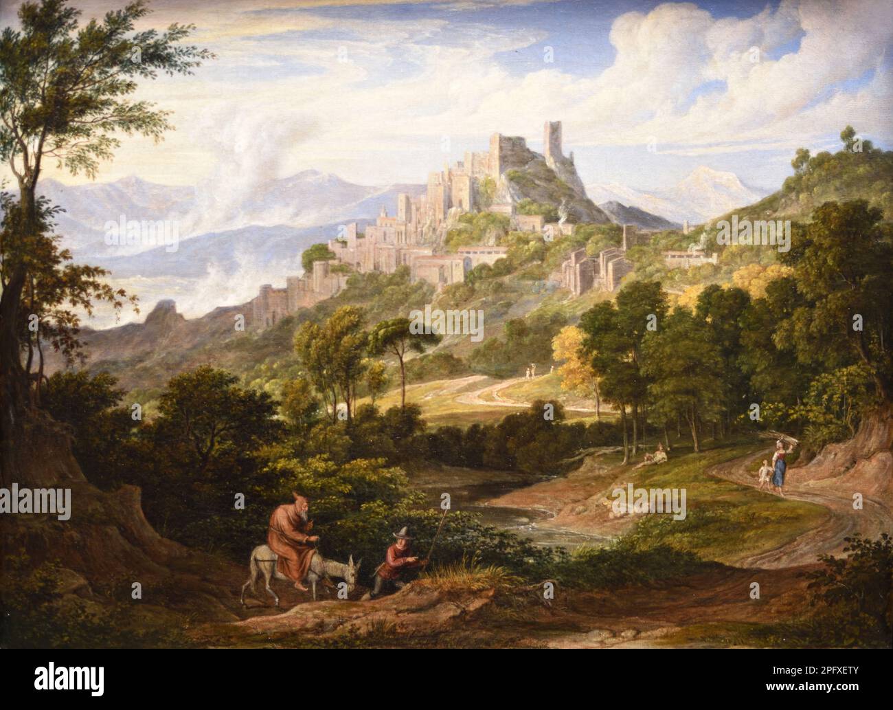 Landschaft in der Nähe von Olevano mit Mönch auf dem Pferderücken. Ölgemälde von Joseph Anton Koch c1830. Olevano Romano Rome Latium Italien Stockfoto