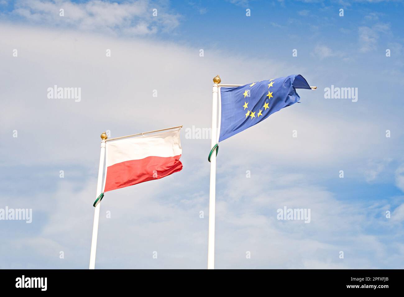 Flagge Polens und der Europäischen Union. Politik, soziale Gleichstellung und Ökonomie Stockfoto