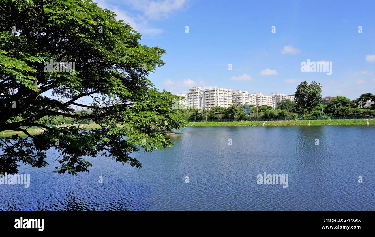 Bangalore, Karnataka, Indien-September 18 2022: Wunderschöne Aussicht auf die Gartenstadt Bangalore mit Seen, Infrastruktur mit grüner Abdeckung und klarem Himmel Stockfoto