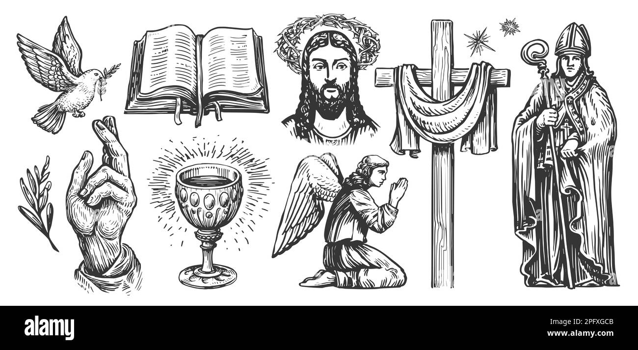 Glauben an Gott Konzept, zeichnen. Sammlung religiöser Illustrationen im Vintage-Gravurstil Stockfoto