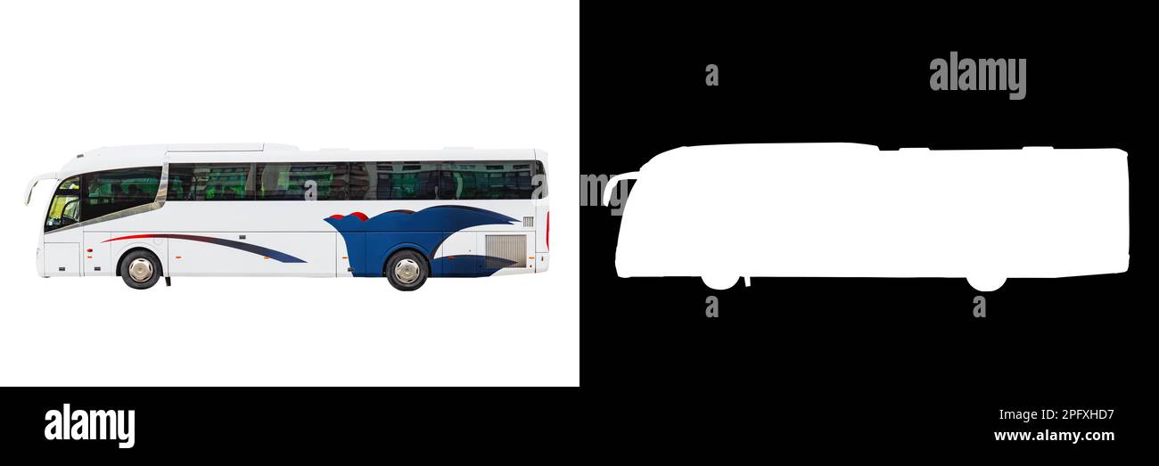 Ein Touristenbus parkt isoliert auf weißem Hintergrund mit Schnittmaske und Pfad Stockfoto